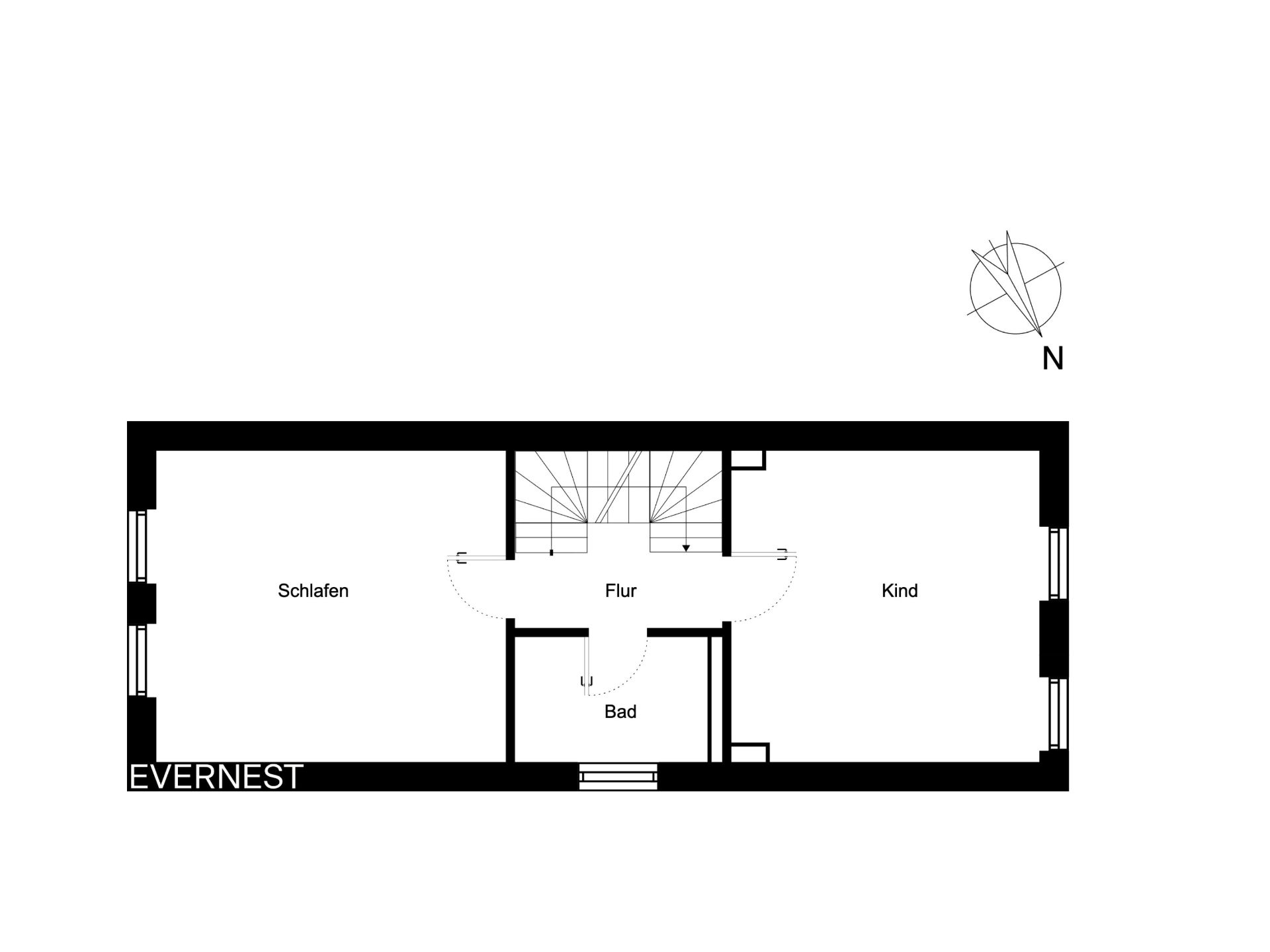 Grundriss mit Schlafzimmer, Kinderzimmer, Flur und Bad.