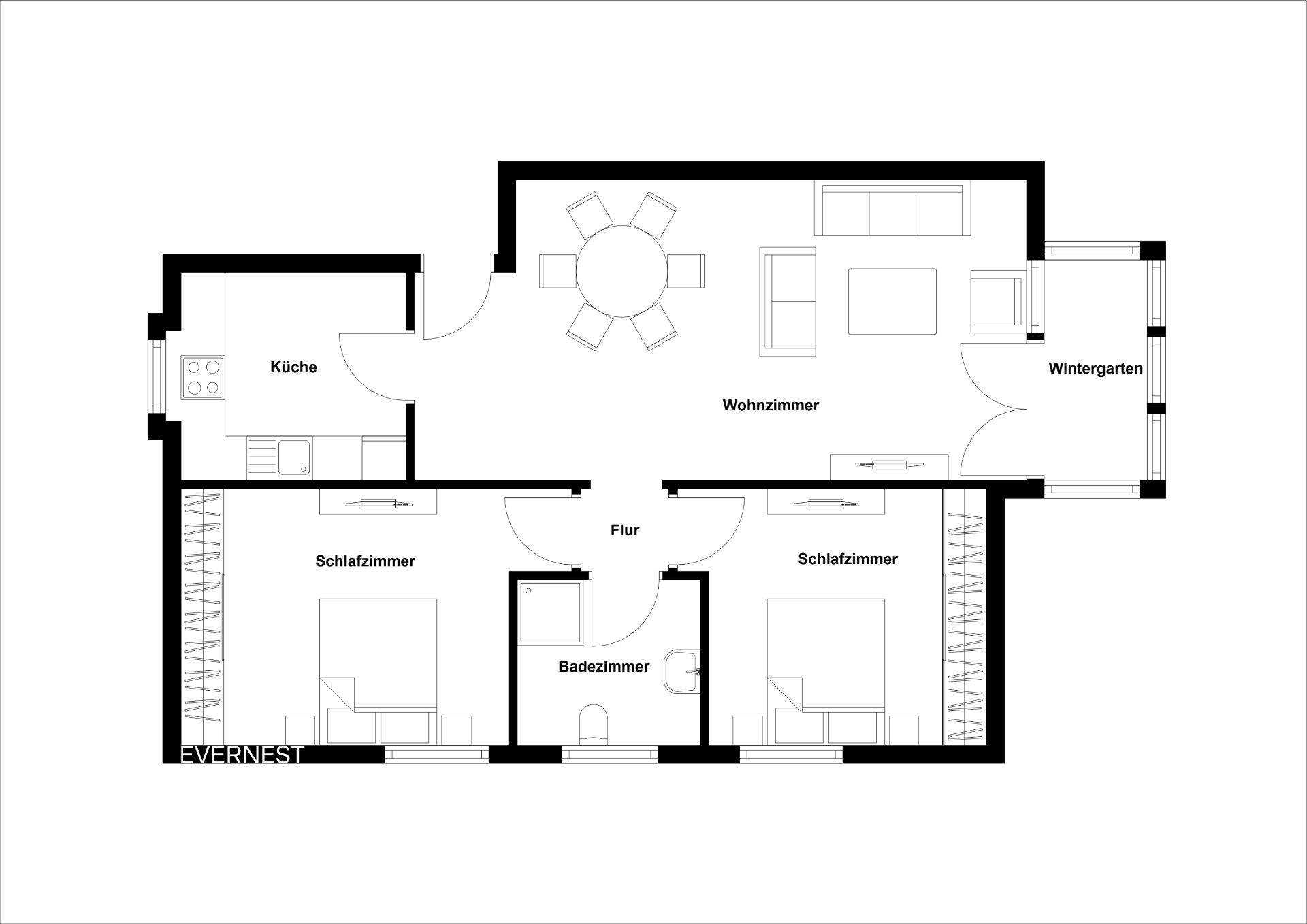Grundriss einer Wohnung mit Wohnzimmer, Küche, zwei Schlafzimmern, Bad und Wintergarten.