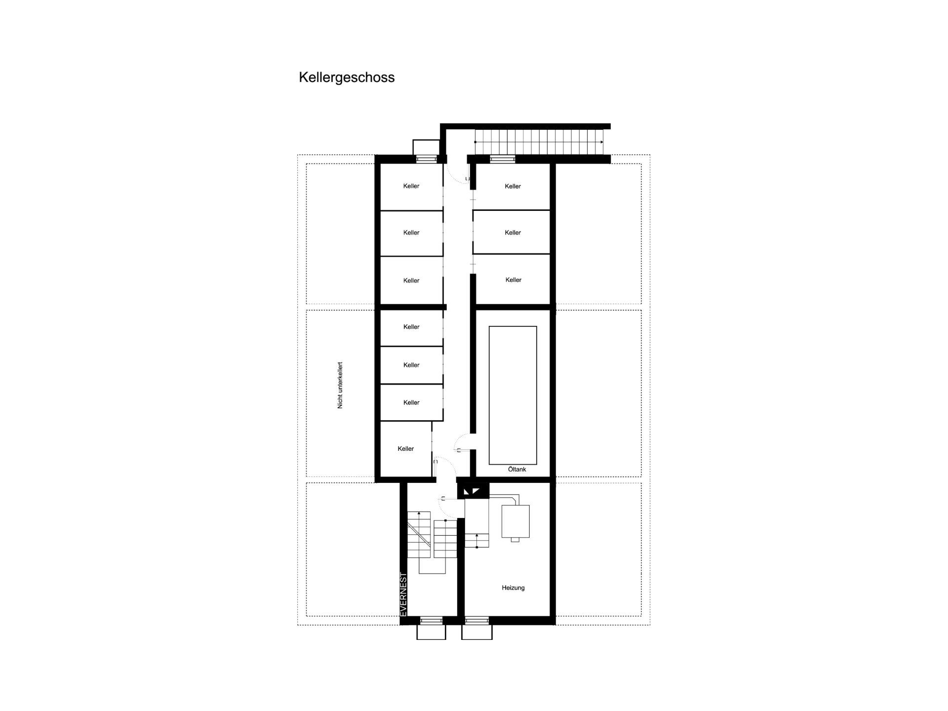 Grundriss des Kellergeschosses mit mehreren Kellerräumen, Flur, Heizung und Aufzug.