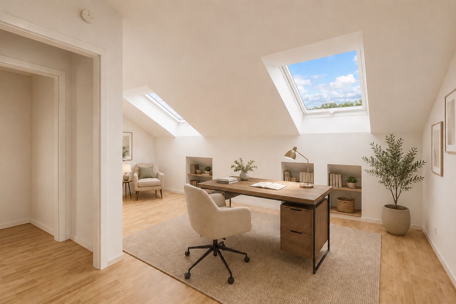 Helles Arbeitszimmer mit Schreibtisch, Stuhl, Pflanze und Dachfenstern auf hellem Holzboden.
