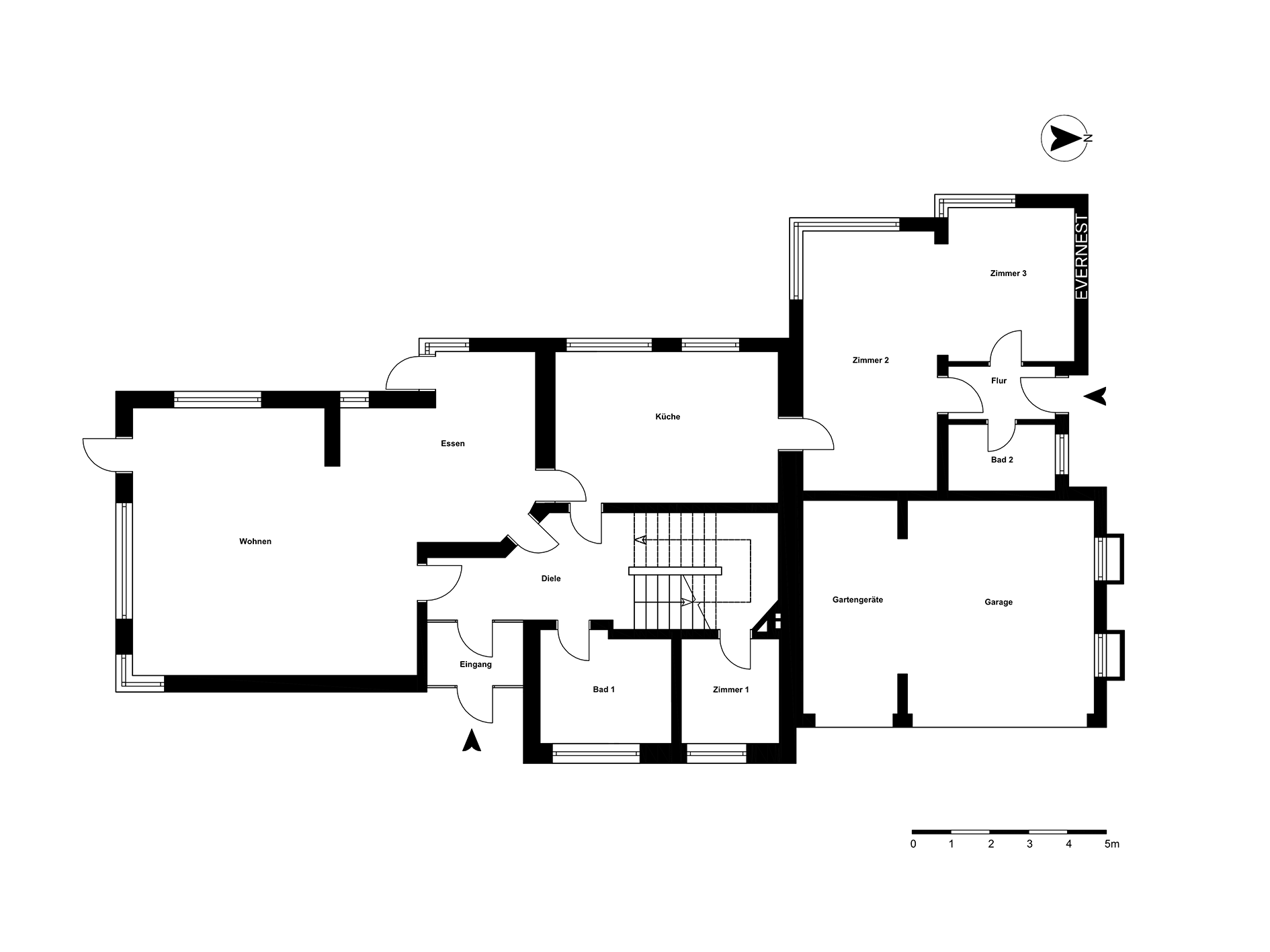 Grundriss eines Wohnhauses mit Zimmern, Küche, Bad, Garage und Abstellraum.