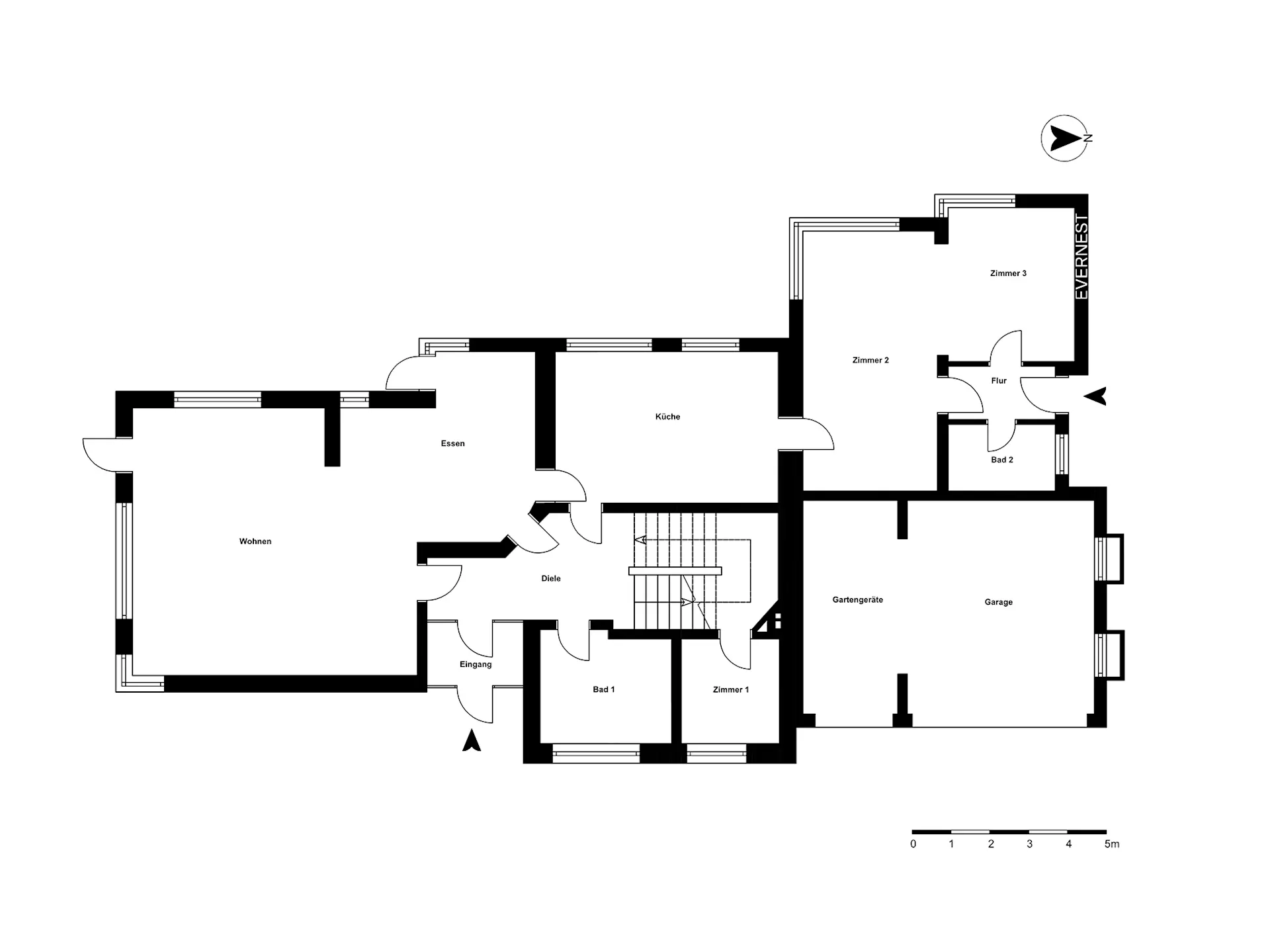Grundriss eines Wohnhauses mit Zimmern, Küche, Bad, Garage und Abstellraum.