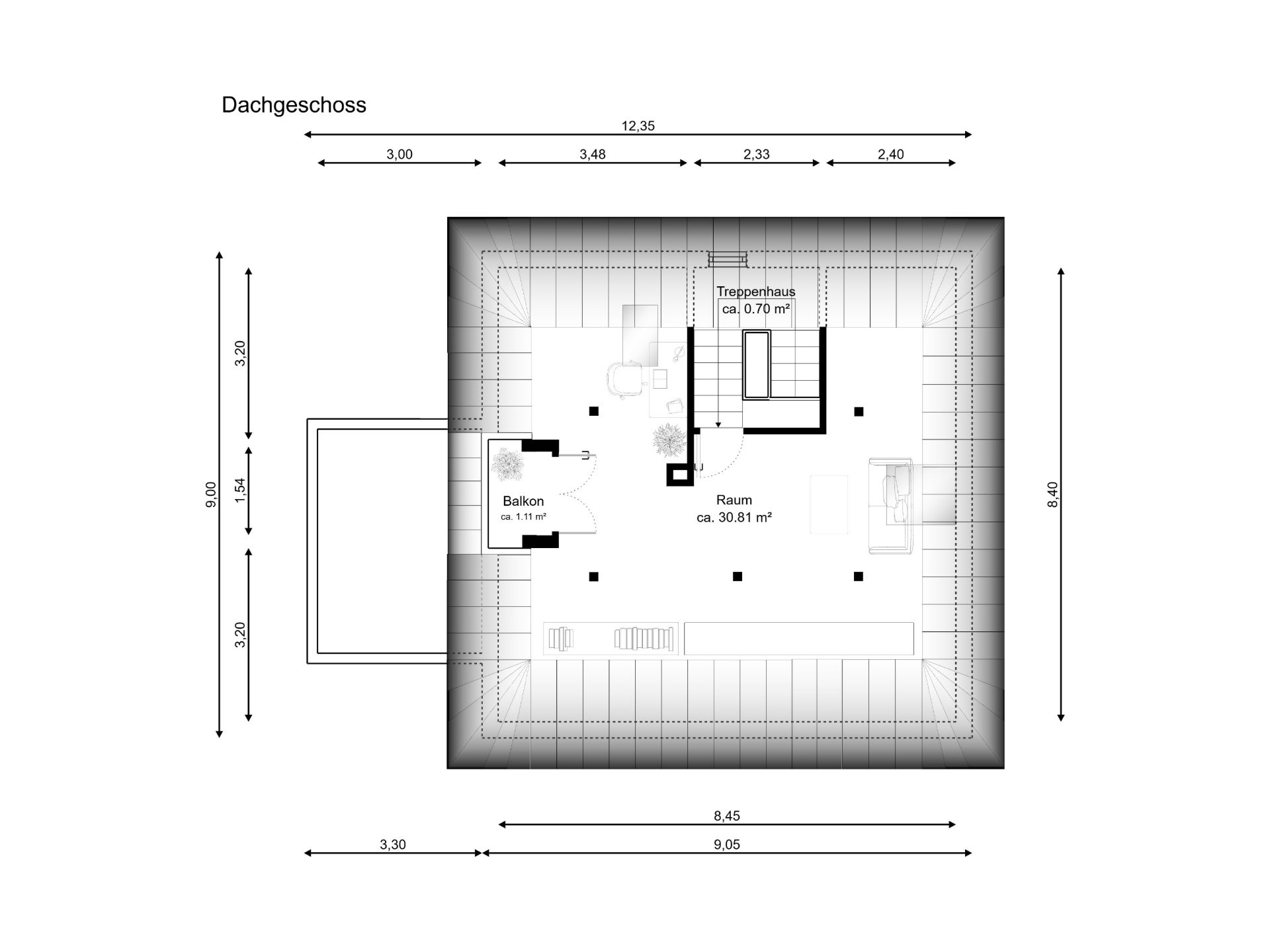 Grundriss des Dachgeschosses mit Balkon, großem Raum und Treppenhaus, Maße sind eingezeichnet.