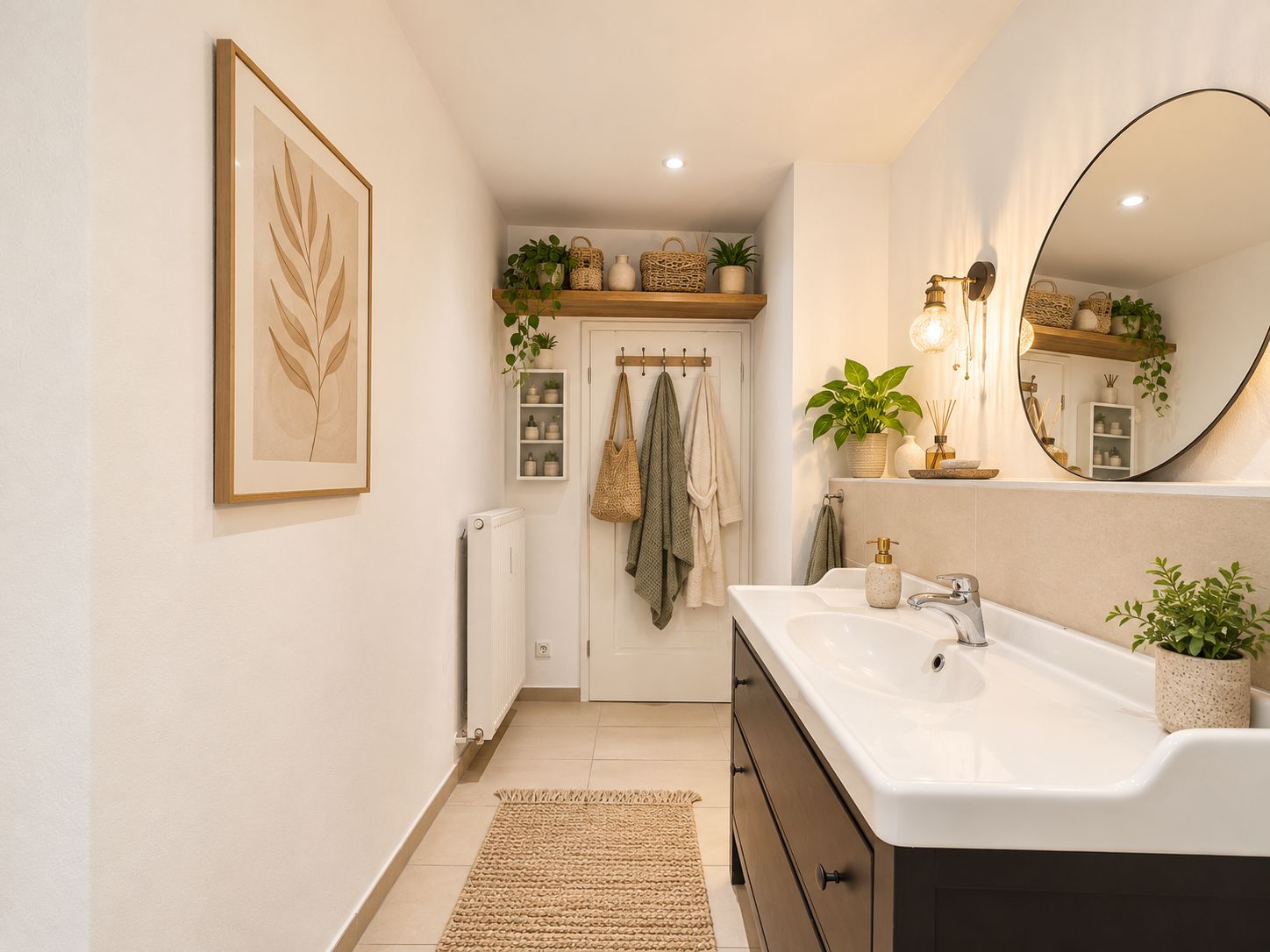 Helles Badezimmer mit Pflanzen, rundem Spiegel, Waschbecken und Handtüchern an der Tür.