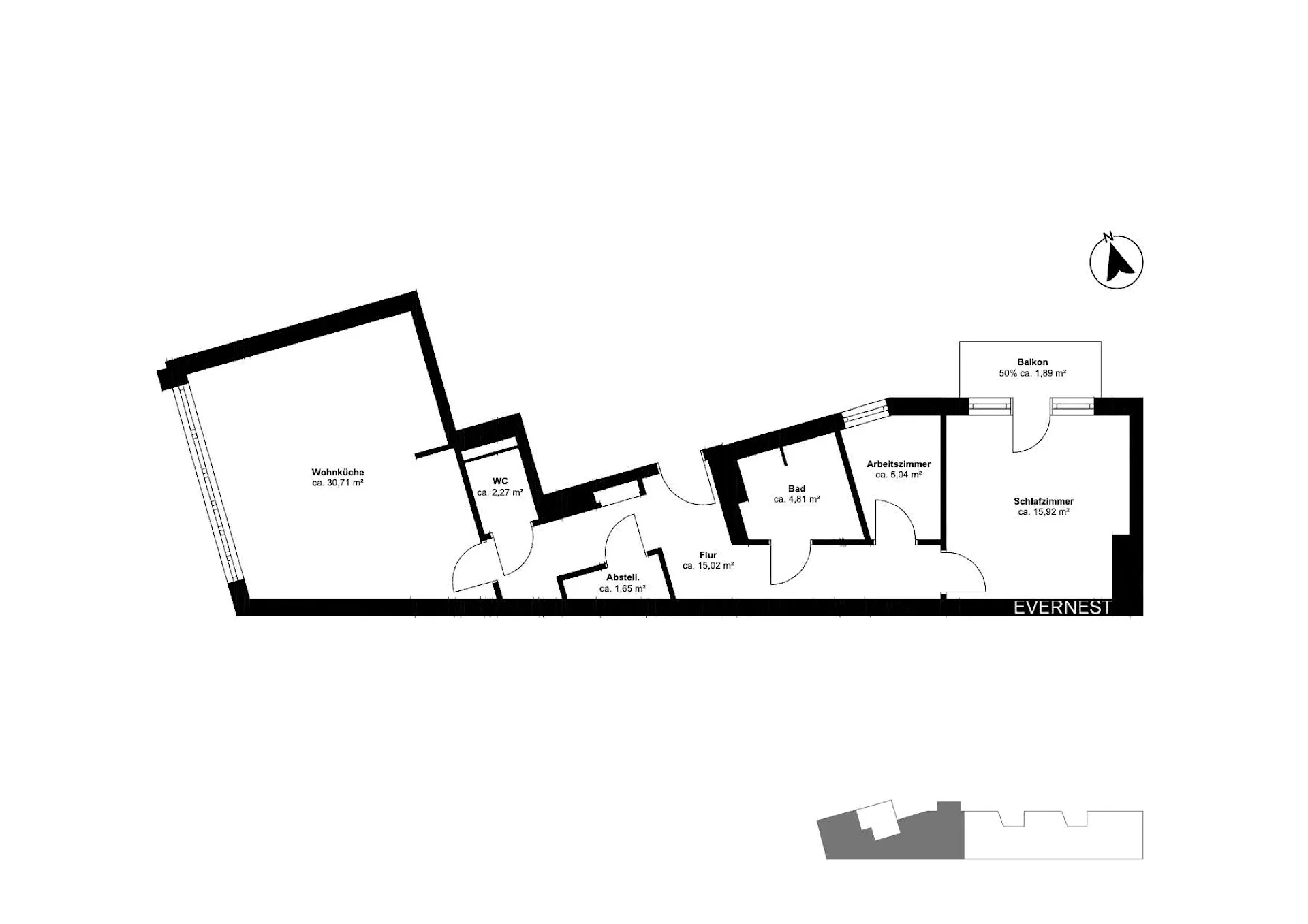Wohnungsgrundriss mit Wohnküche, WC, Bad, Abstellraum, Flur, Schlafzimmer, Arbeitszimmer und Balkon.