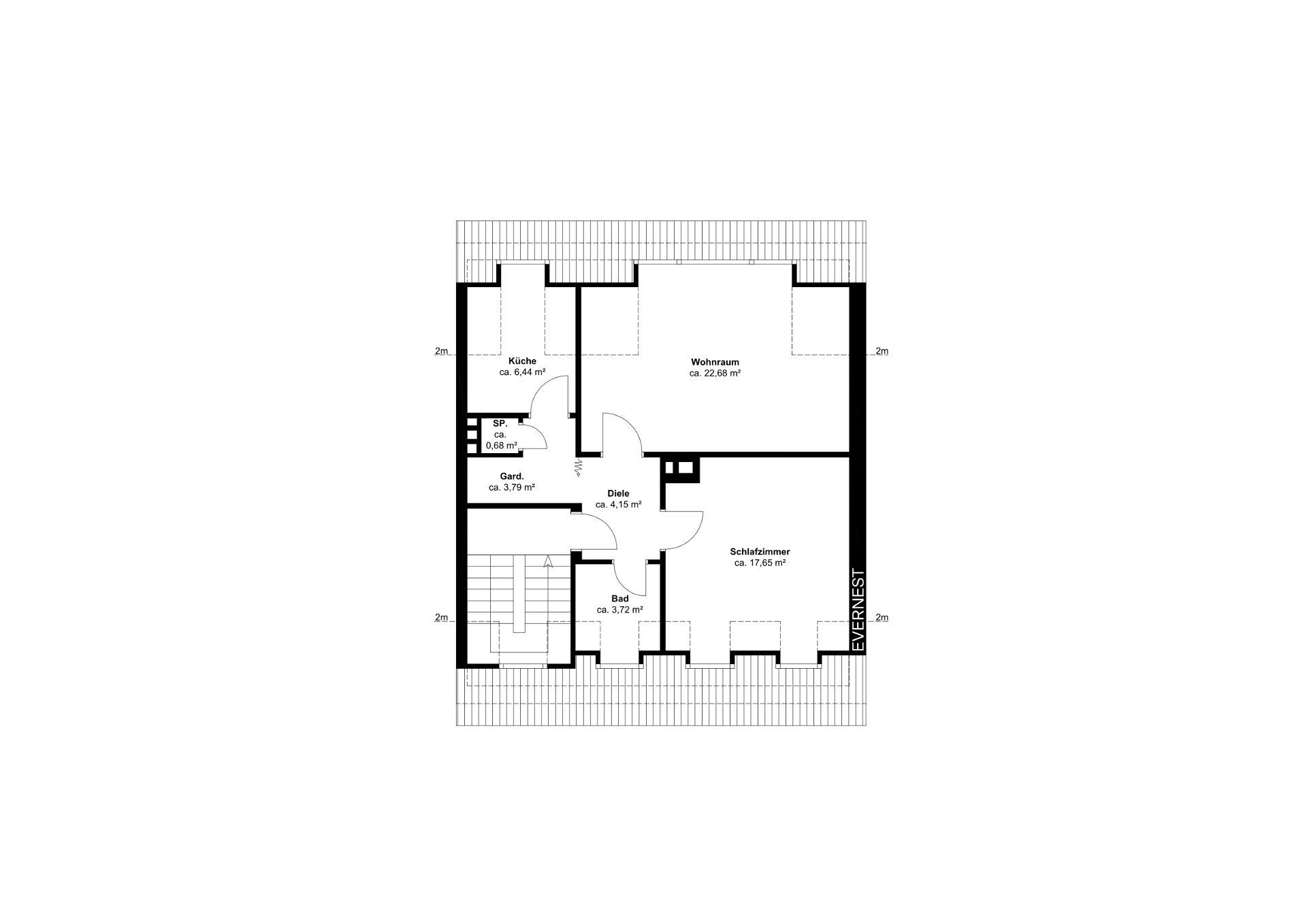 Grundriss einer Wohnung mit Wohnzimmer, Schlafzimmer, Küche, Bad und Diele.