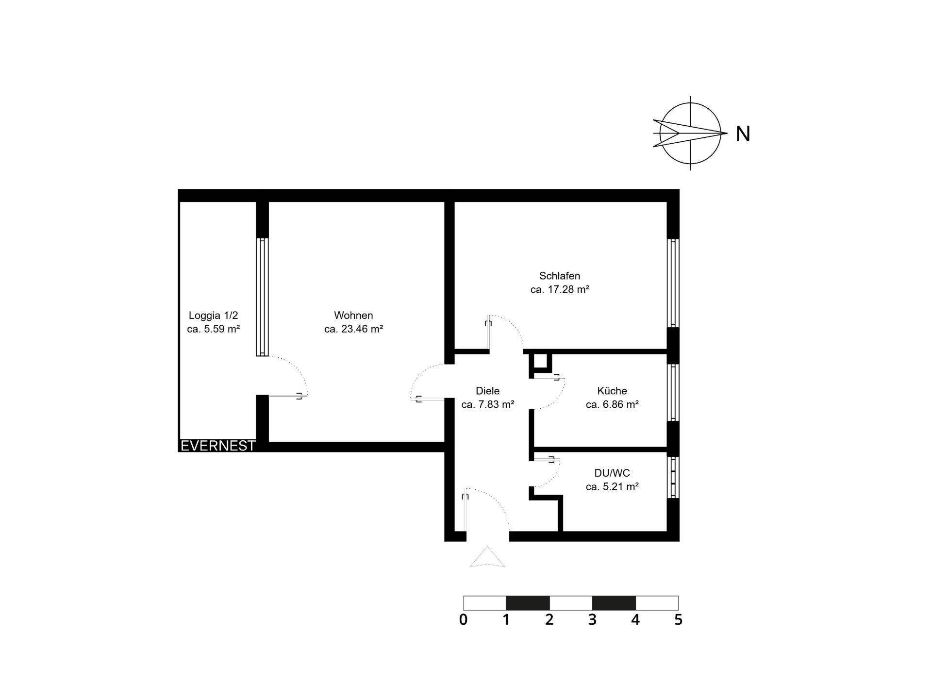 Grundriss einer Wohnung mit Wohnzimmer, Schlafzimmer, Küche, Bad, Diele und Loggia.