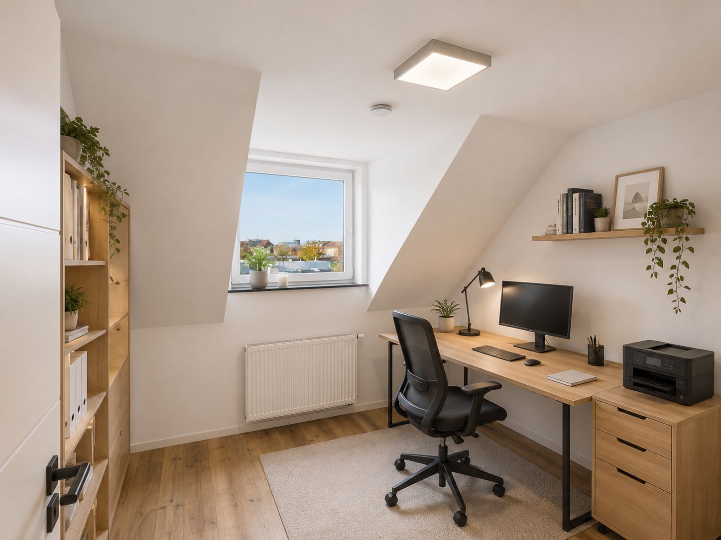 Modernes Arbeitszimmer mit Schreibtisch, Stuhl, Computer und Regal unter einem Fenster im Dachgeschoss.