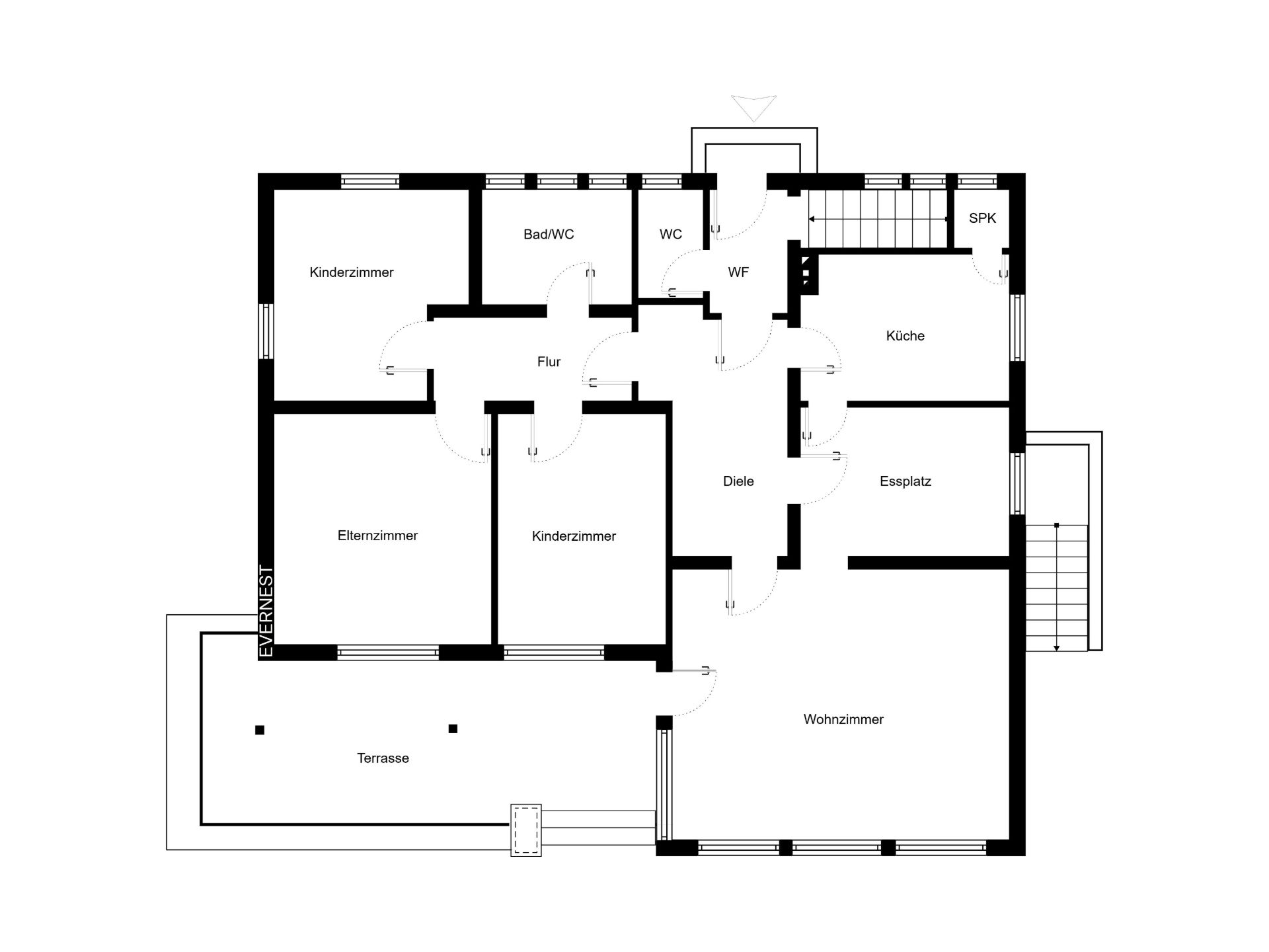 Grundriss einer Wohnung mit Wohnzimmer, Küche, Essplatz, Terrasse, Schlafzimmern und Bädern.