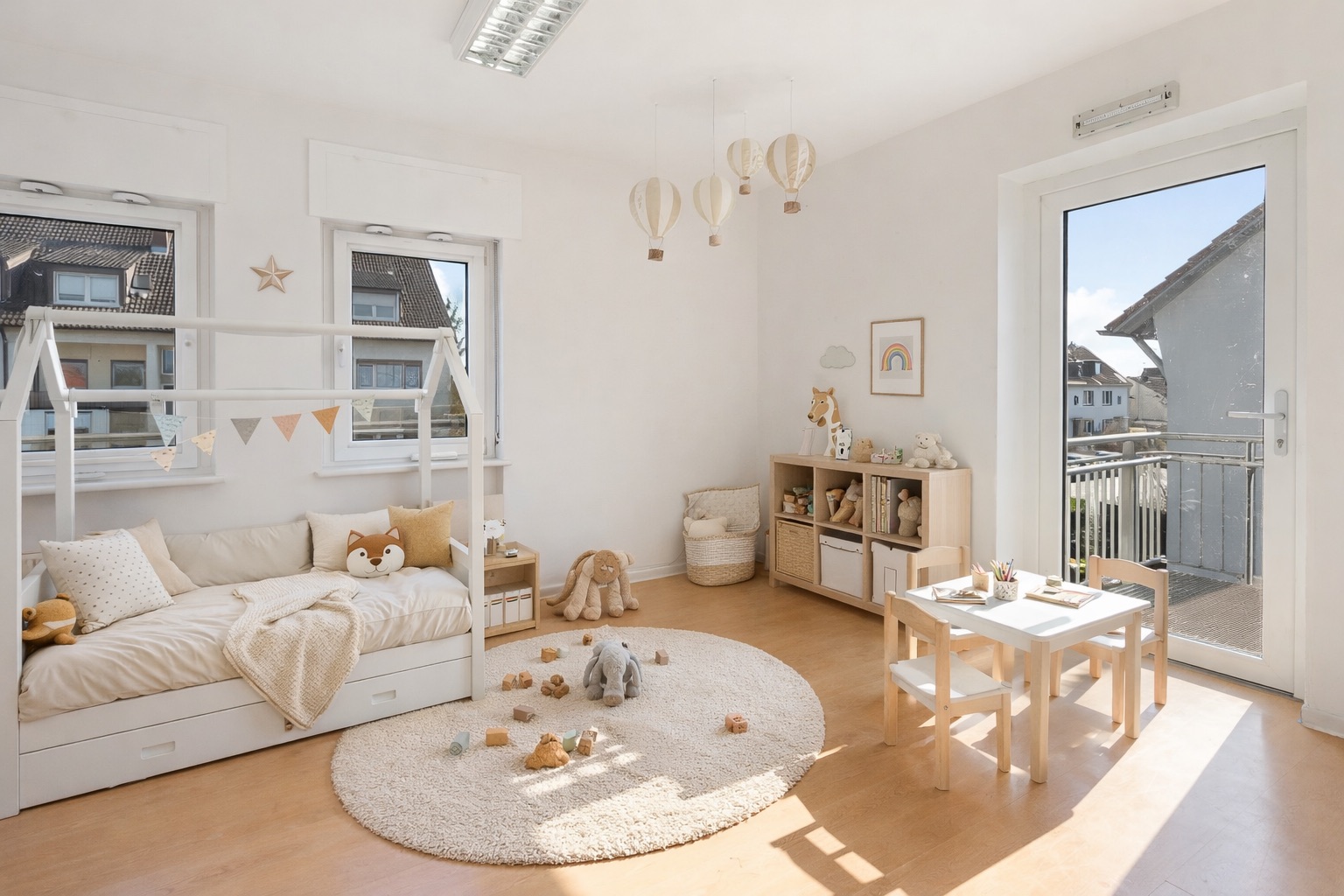 Helles Kinderzimmer mit Holzboden, Bett, kleinem Tisch, Spielzeug und Dekoration.