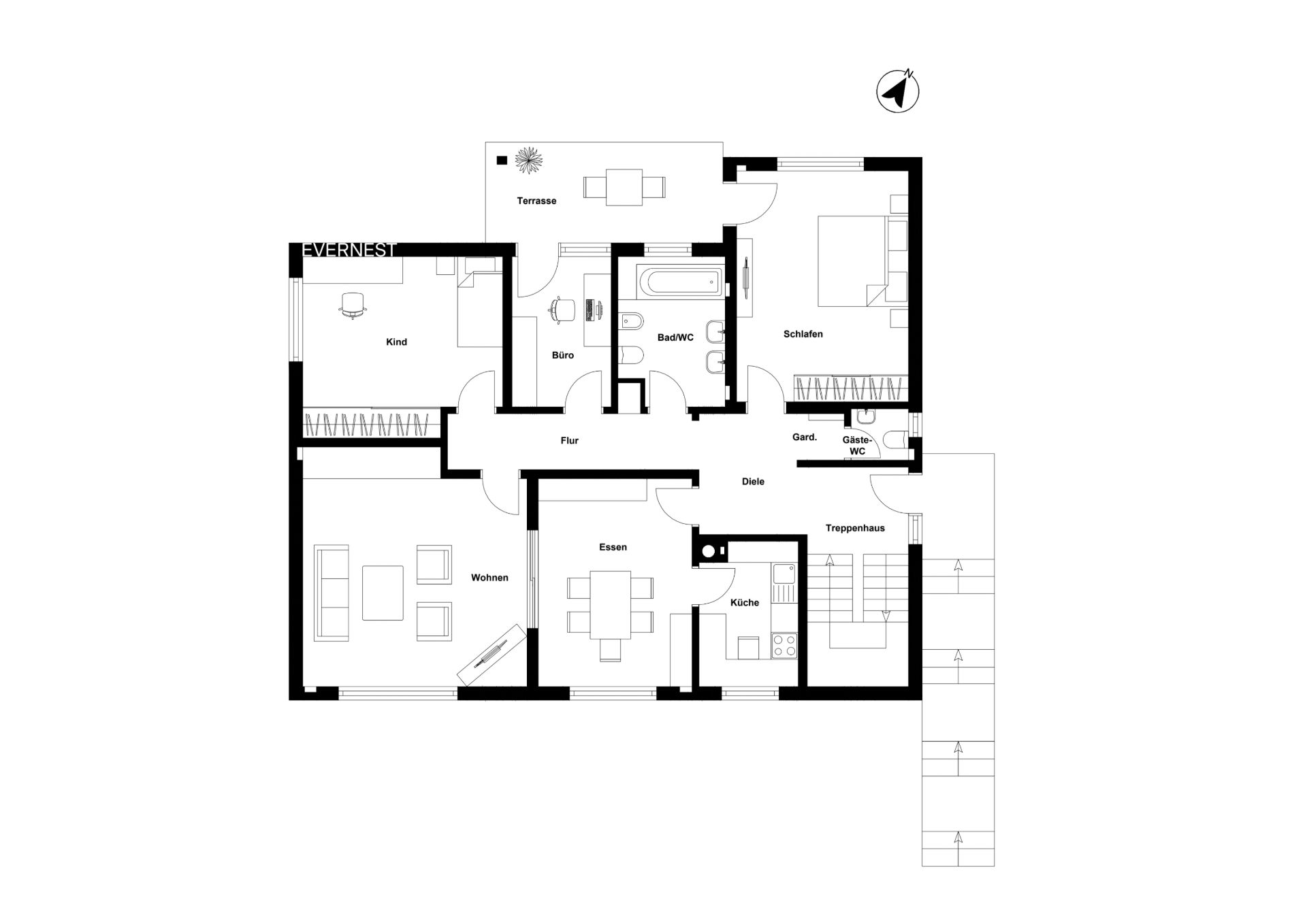 Grundriss einer Wohnung mit Wohnzimmer, Küche, Essbereich, Schlafzimmer, Bad, Büro und Terrasse.
