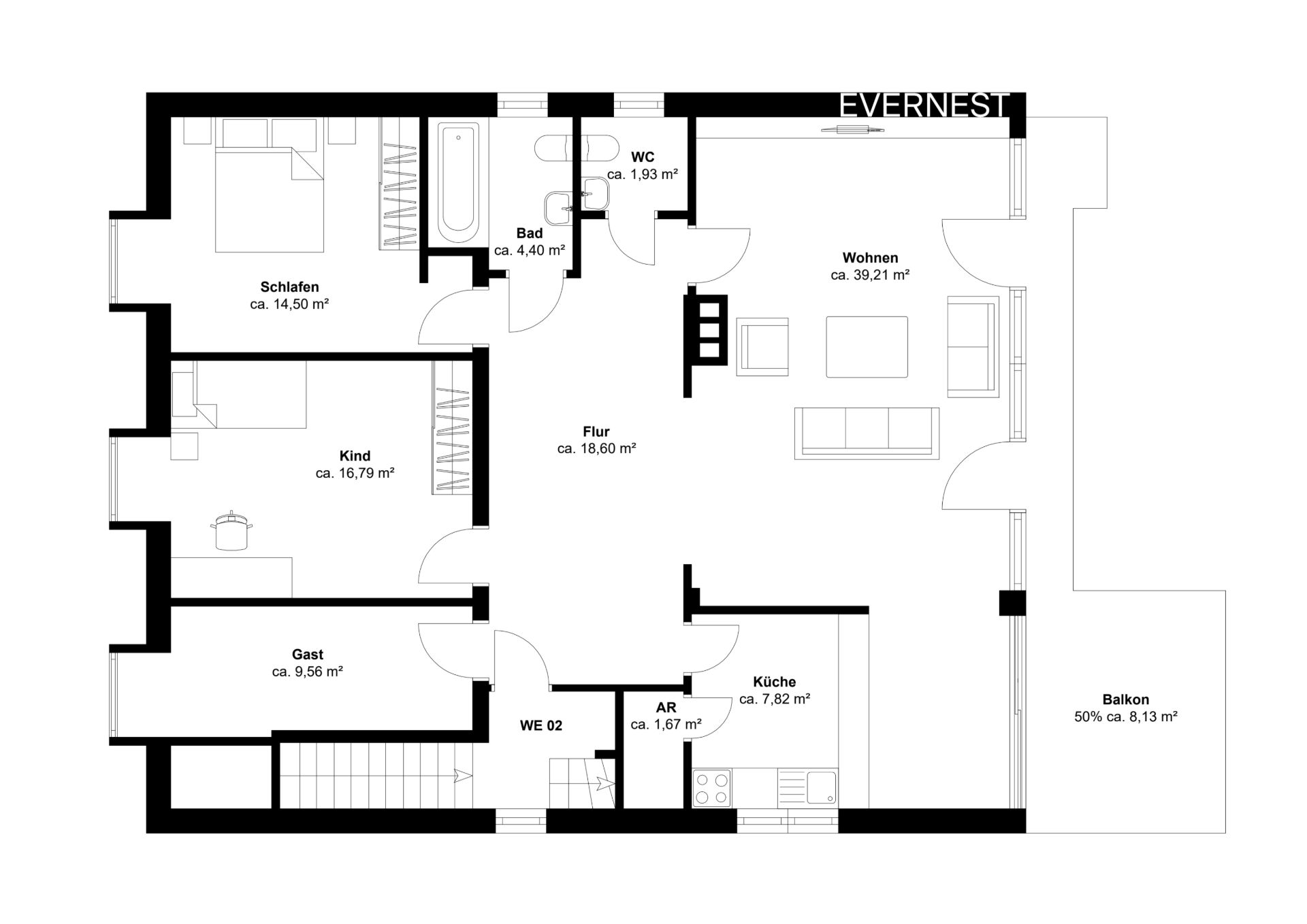 Grundriss einer Wohnung mit Schlafzimmer, Kinderzimmer, Gästezimmer, Bad, WC, Küche, Balkon und Wohnzimmer.
