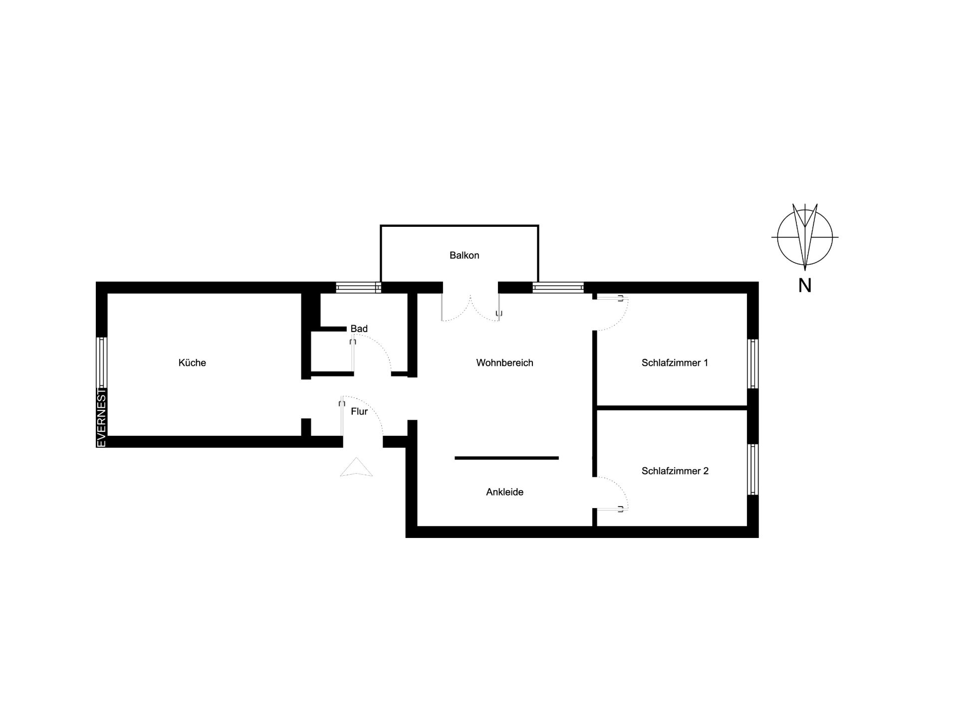 Grundriss mit Küche, Bad, Wohnbereich, Ankleide, zwei Schlafzimmern und Balkon.