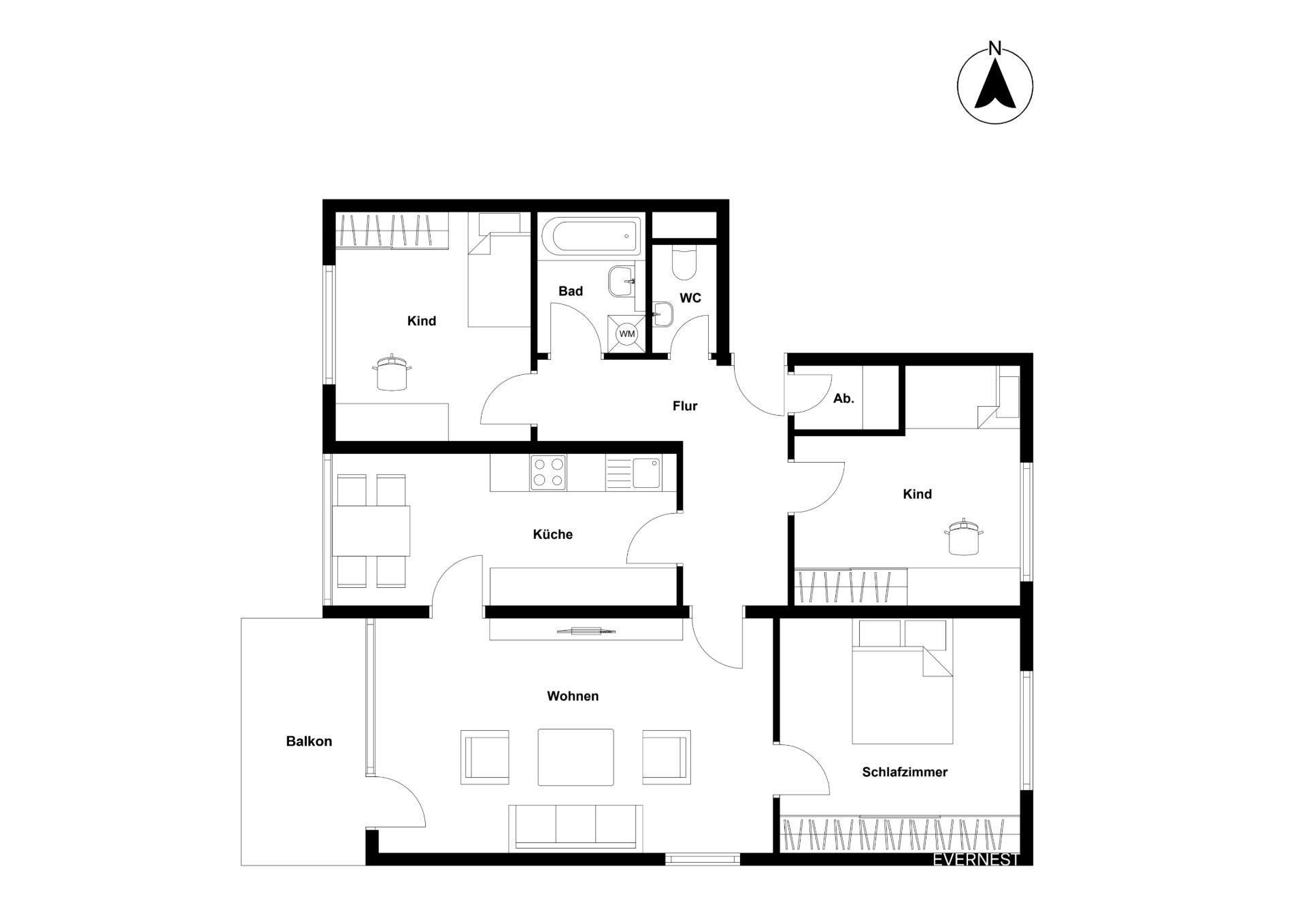 Grundriss einer Wohnung mit Wohnzimmer, Küche, Bad, WC, Balkon und drei Schlafzimmern.