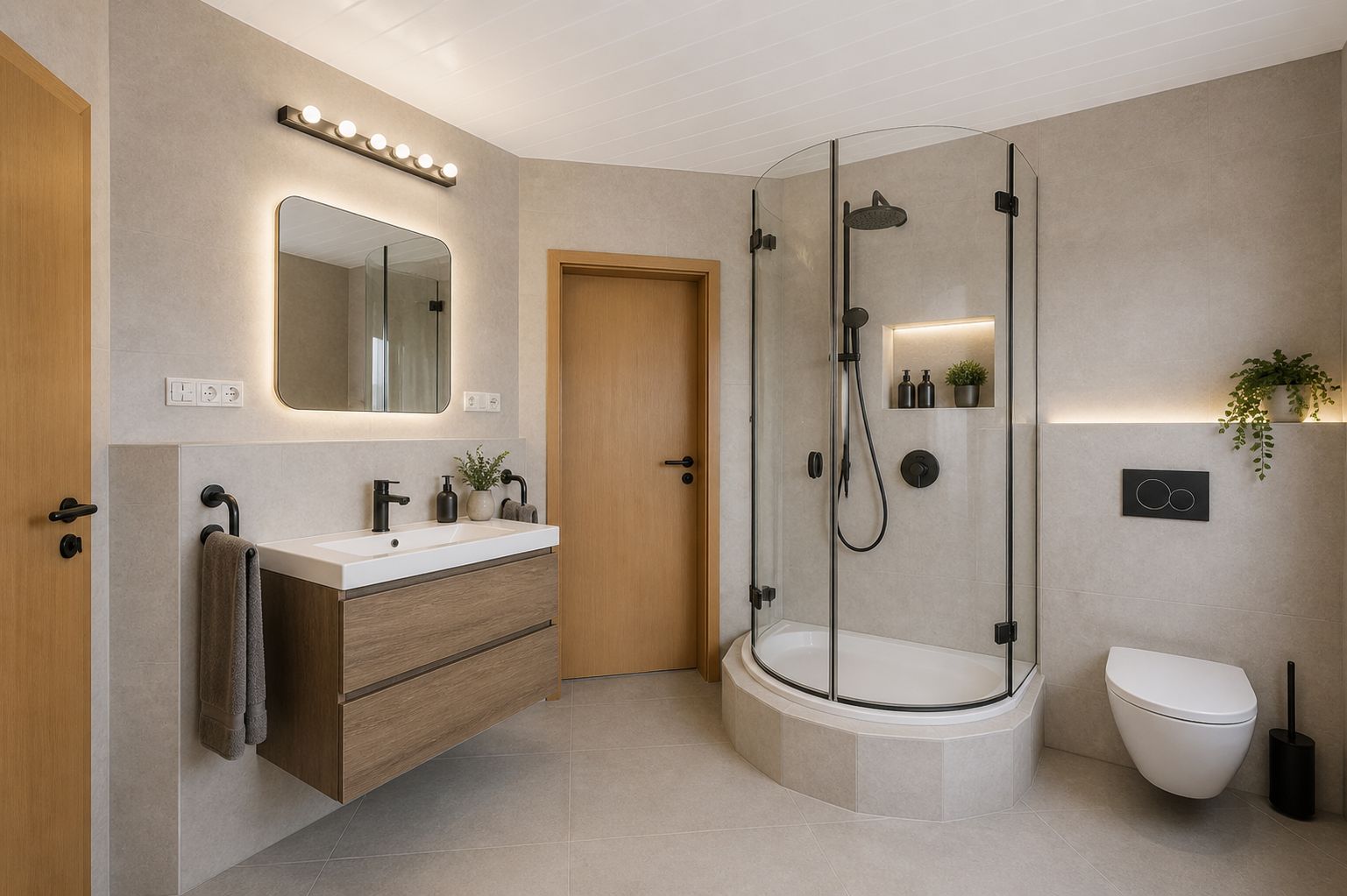 Modernes Badezimmer mit Dusche, Wandwaschbecken, Wandtoilette und großem Spiegel.