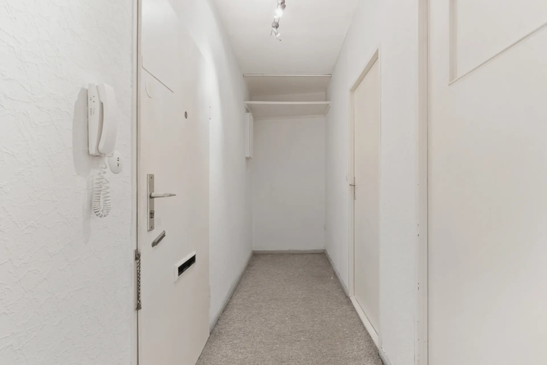 Heller Flur mit weißer Eingangstür, Gegensprechanlage und zwei weiteren Türen.