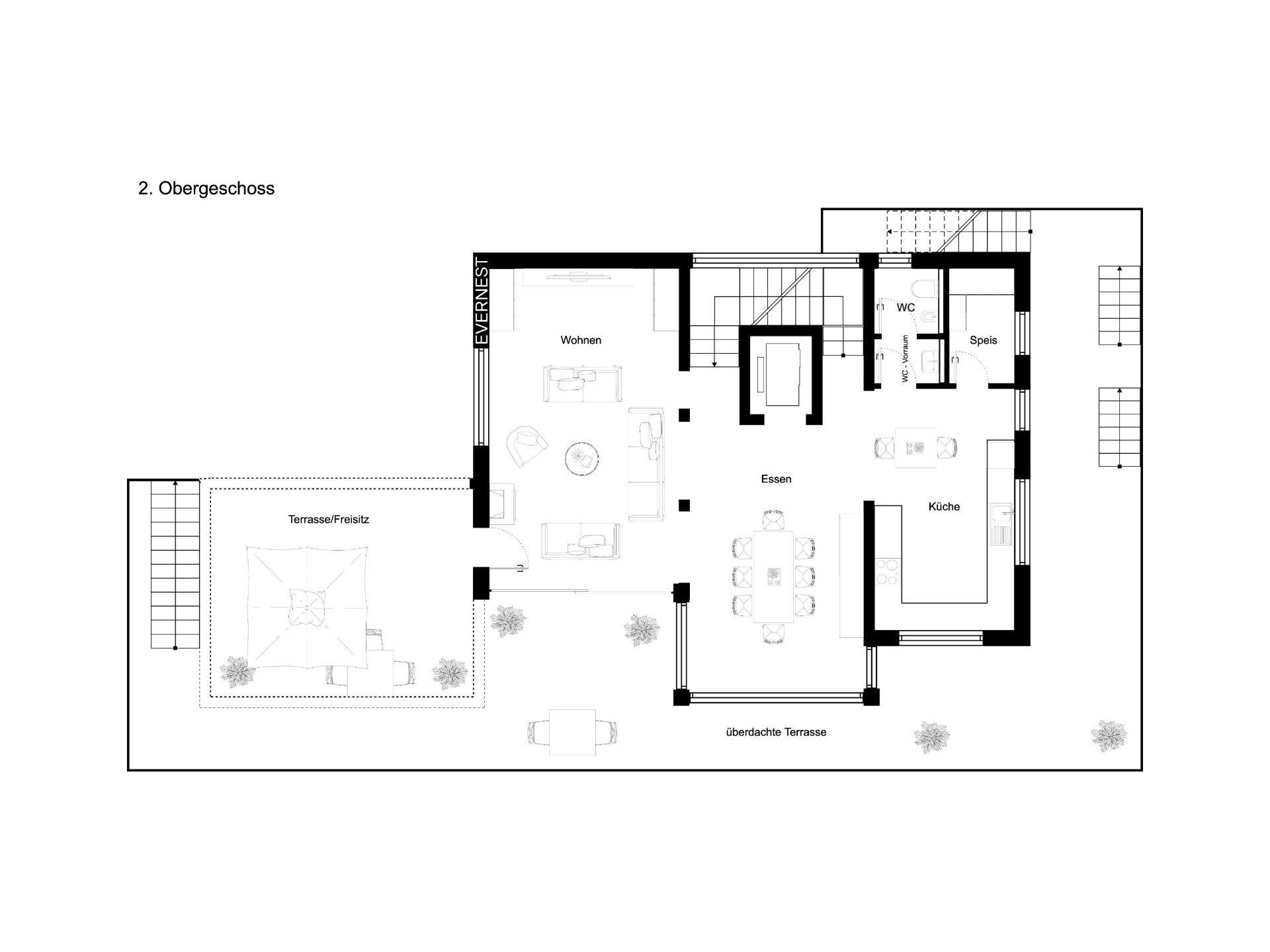 Grundriss des 2. Obergeschosses mit Wohn-, Ess-, Küchenbereich und zwei Terrassen.