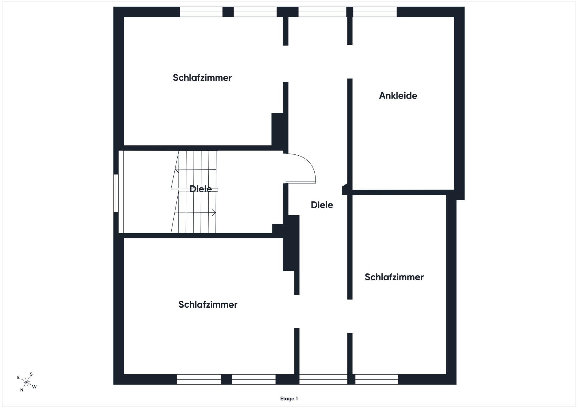 Grundriss mit drei Schlafzimmern, einer Ankleide und Flurbereich mit Treppe.
