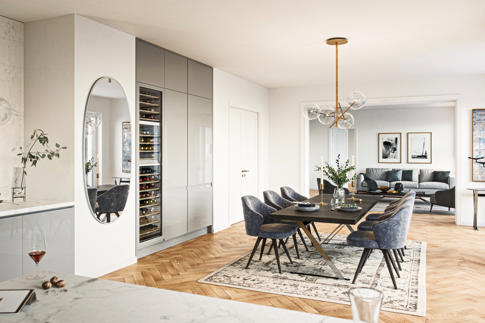 Modernes Esszimmer mit großem Tisch, sechs Stühlen und Blick ins Wohnzimmer mit Sofa.