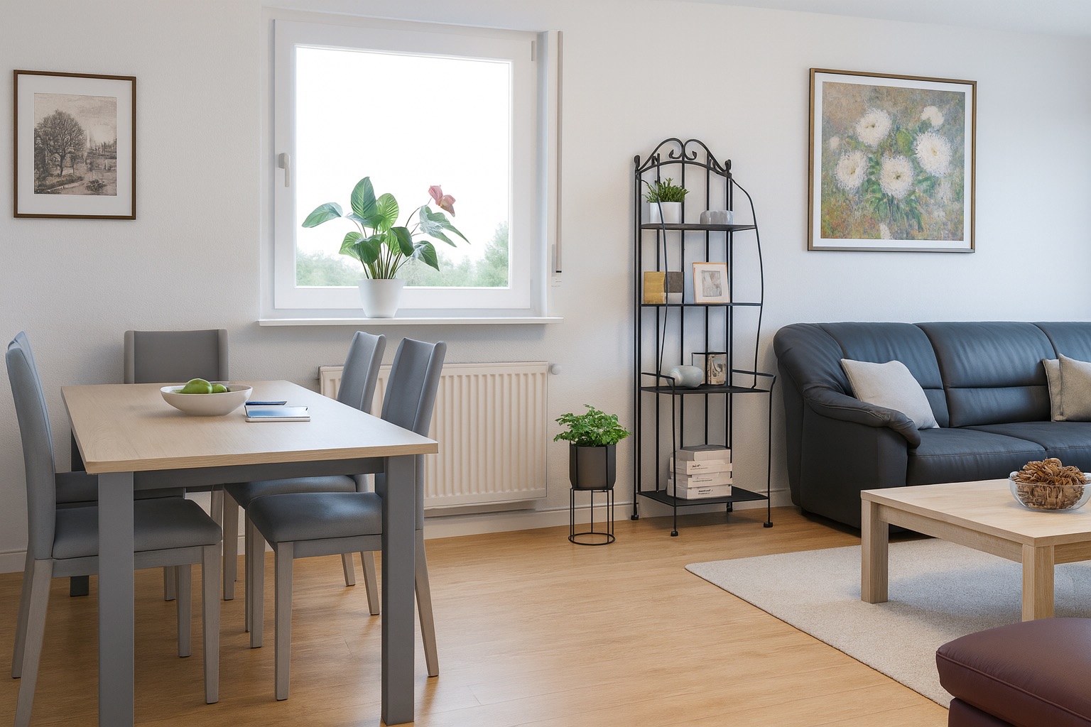 Helles Wohnzimmer mit Esstisch, grauem Sofa, Regal, Pflanzen und Bildern an der Wand.