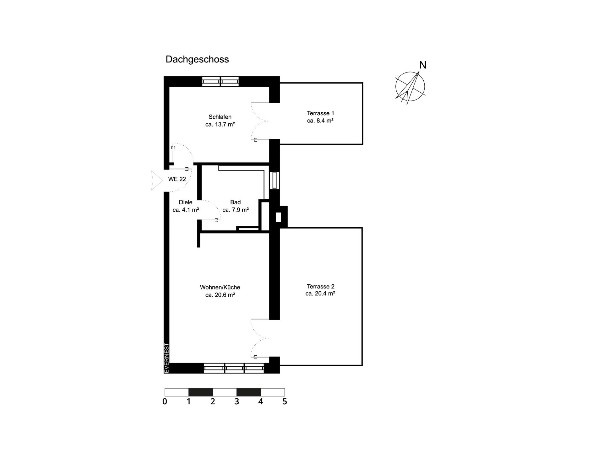 Grundriss einer Dachgeschosswohnung mit Schlafzimmer, Bad, Wohnküche, zwei Terrassen und Diele.