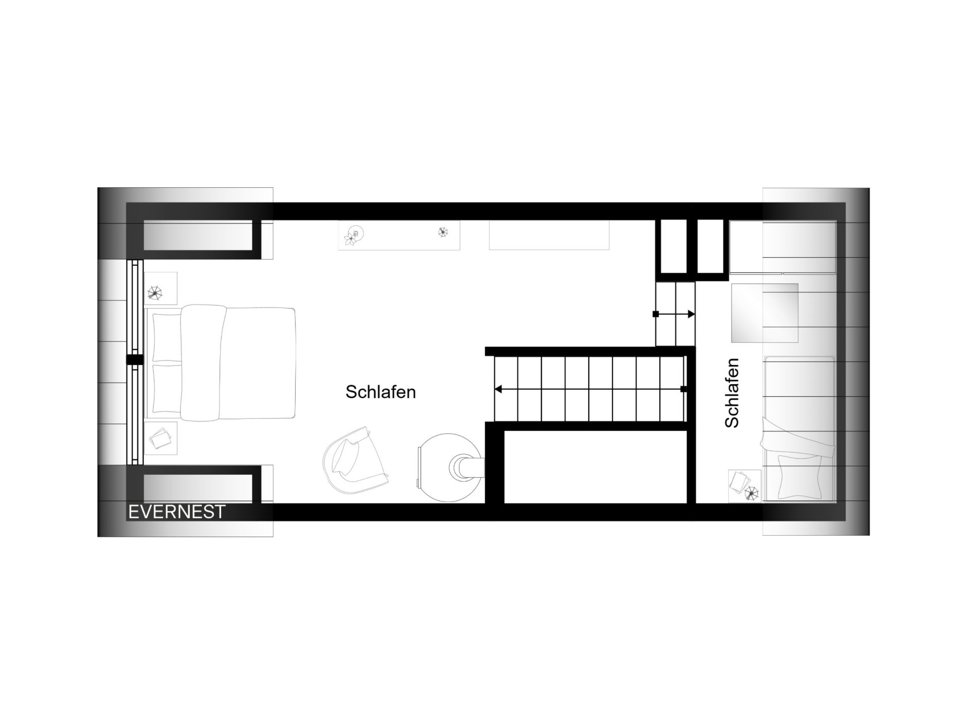 Grundriss mit zwei Schlafbereichen und einer Treppe in der Mitte.
