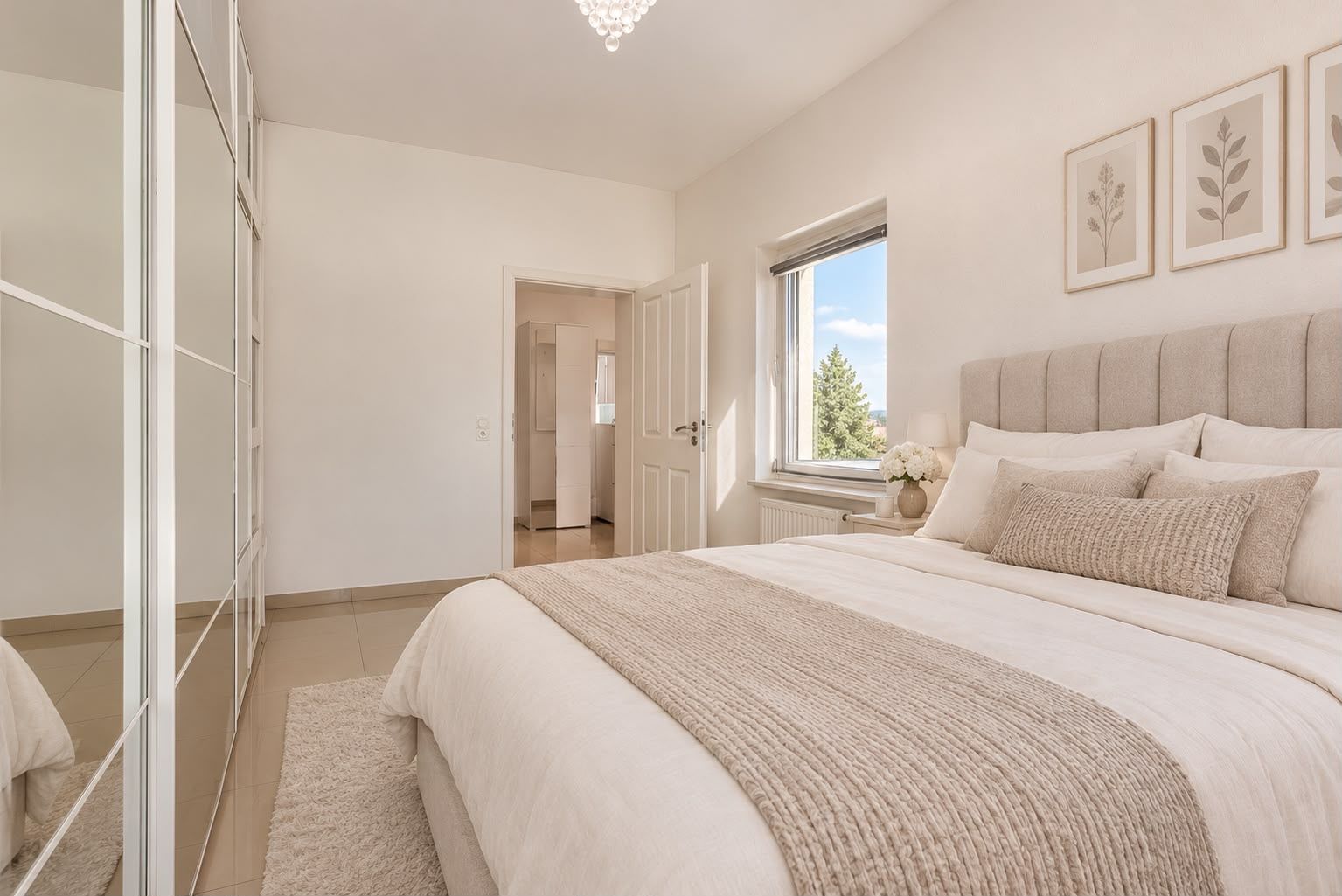 Helles Schlafzimmer mit Doppelbett, großem Kleiderschrank und Fenster mit Ausblick ins Grüne.