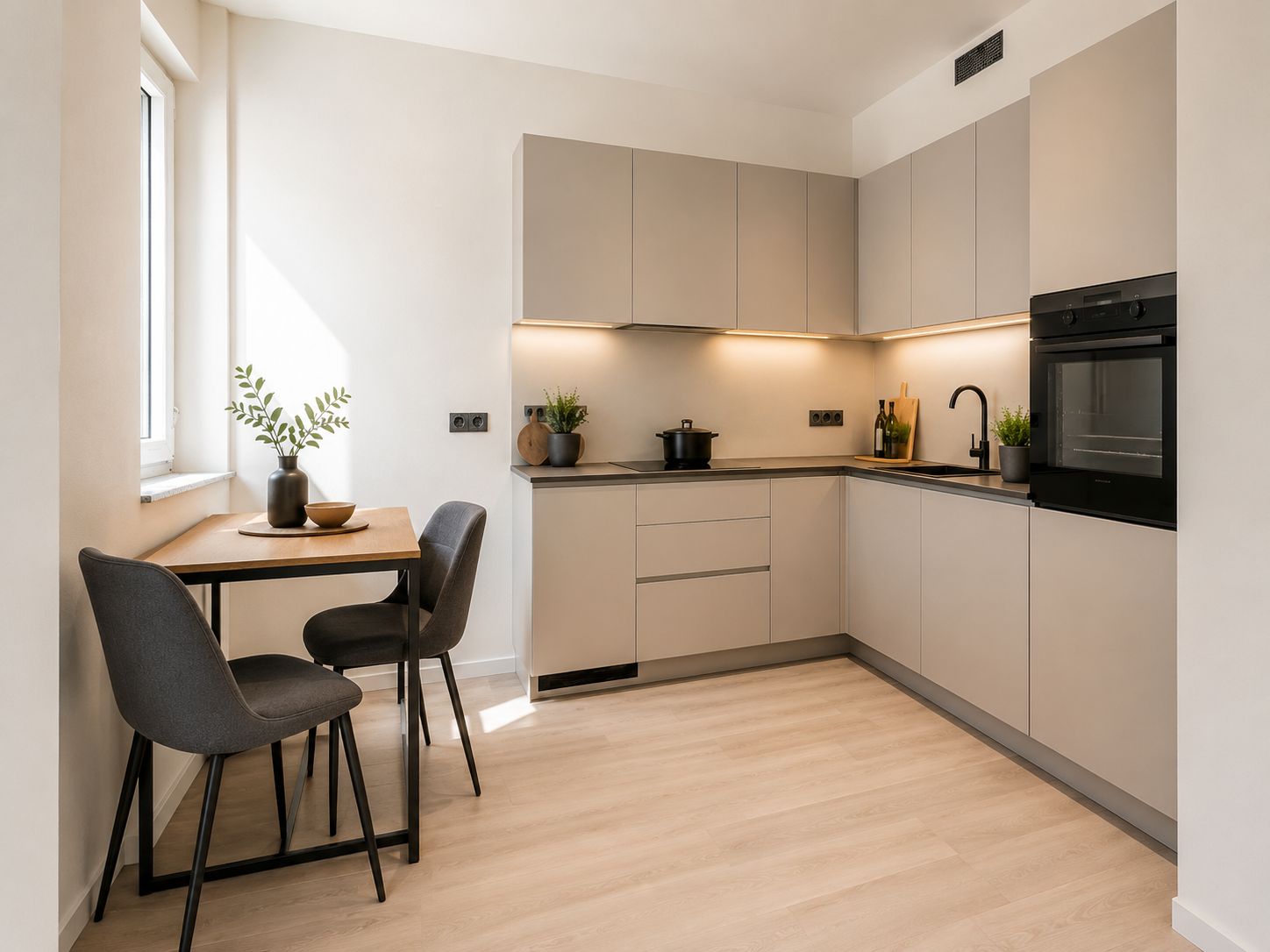 Moderne Einbauküche mit Esstisch und zwei Stühlen, helle Möbel und Holzboden.