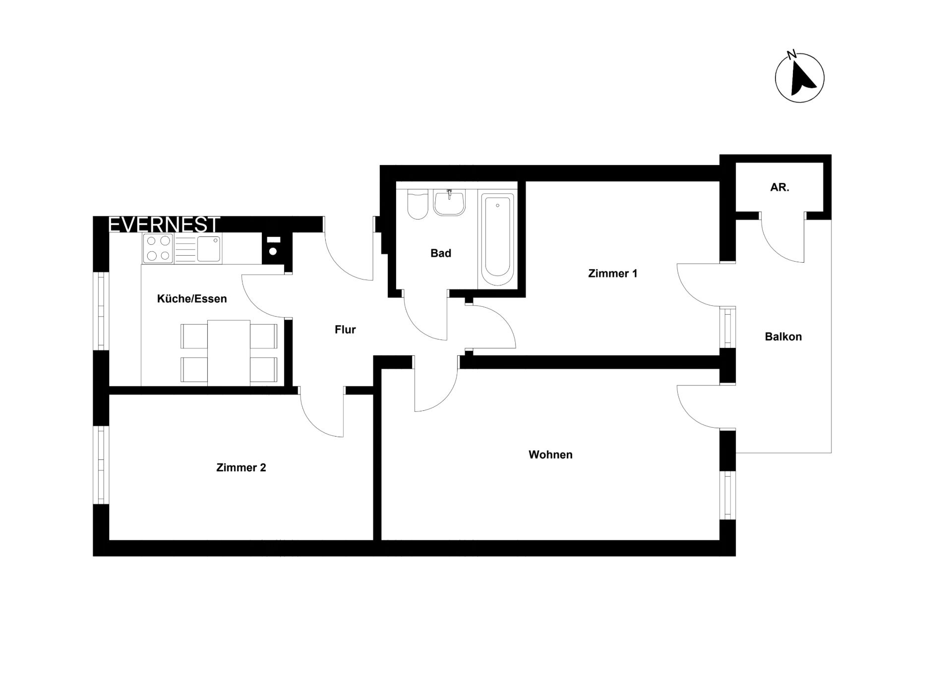 Grundriss einer Wohnung mit Küche, Bad, Flur, zwei Zimmern, Wohnzimmer, Balkon und Abstellraum.