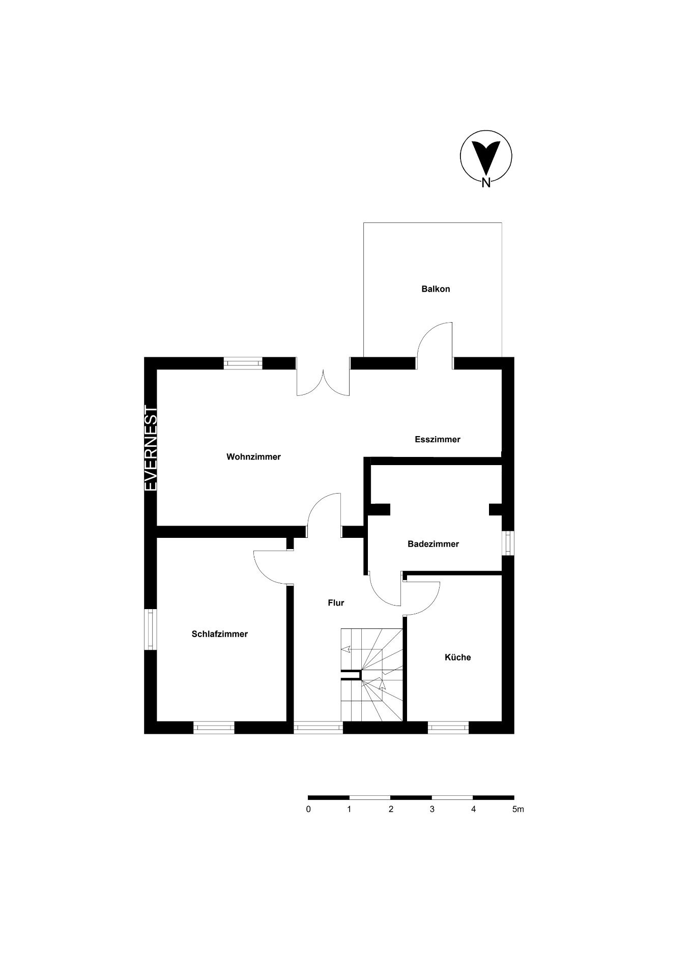 Grundriss mit Wohnzimmer, Schlafzimmer, Esszimmer, Küche, Badezimmer, Flur und Balkon.