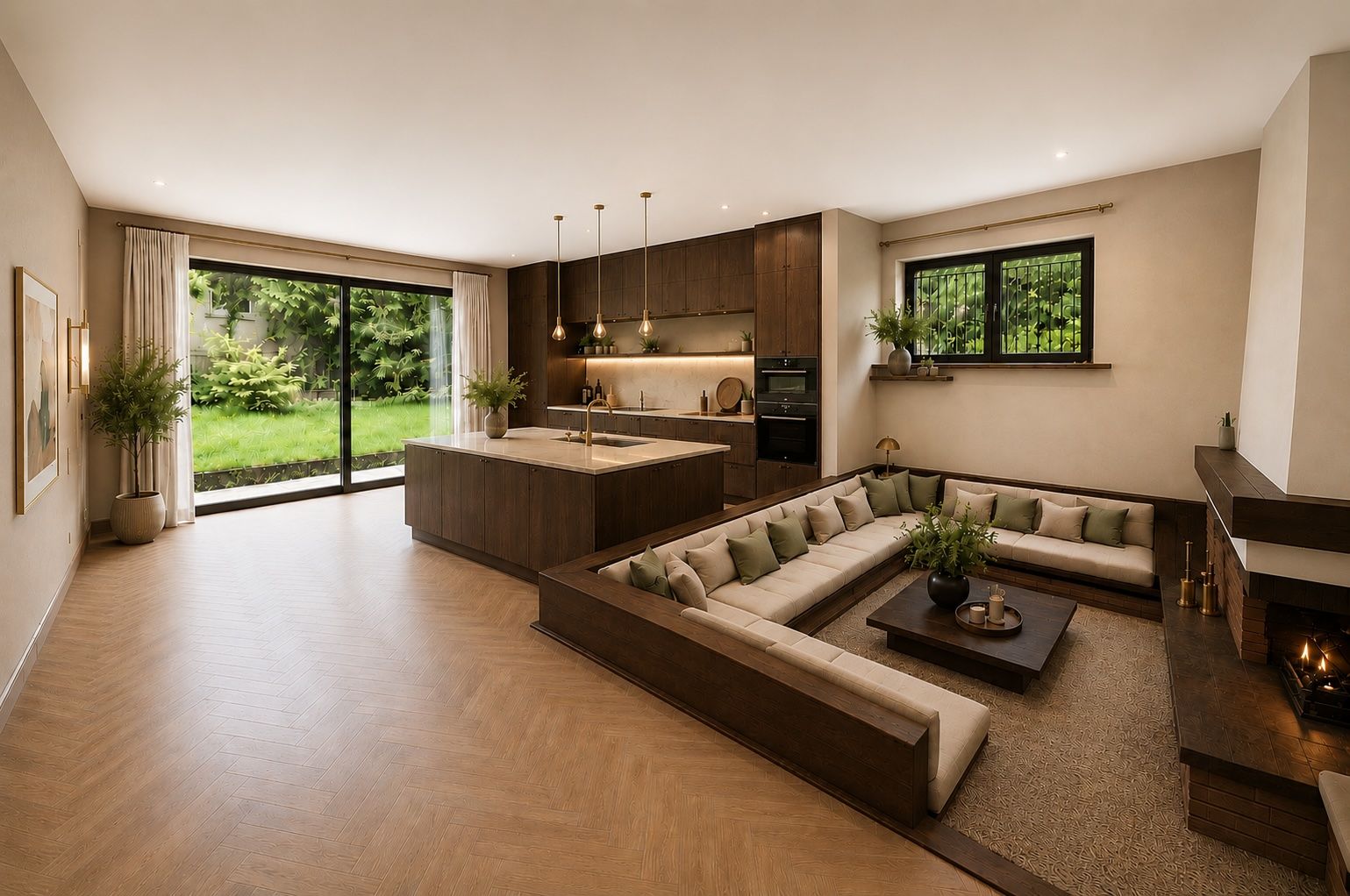 Modernes Wohnzimmer mit offener Küche, eingelassener Sitzgruppe und großem Fenster zum Garten.