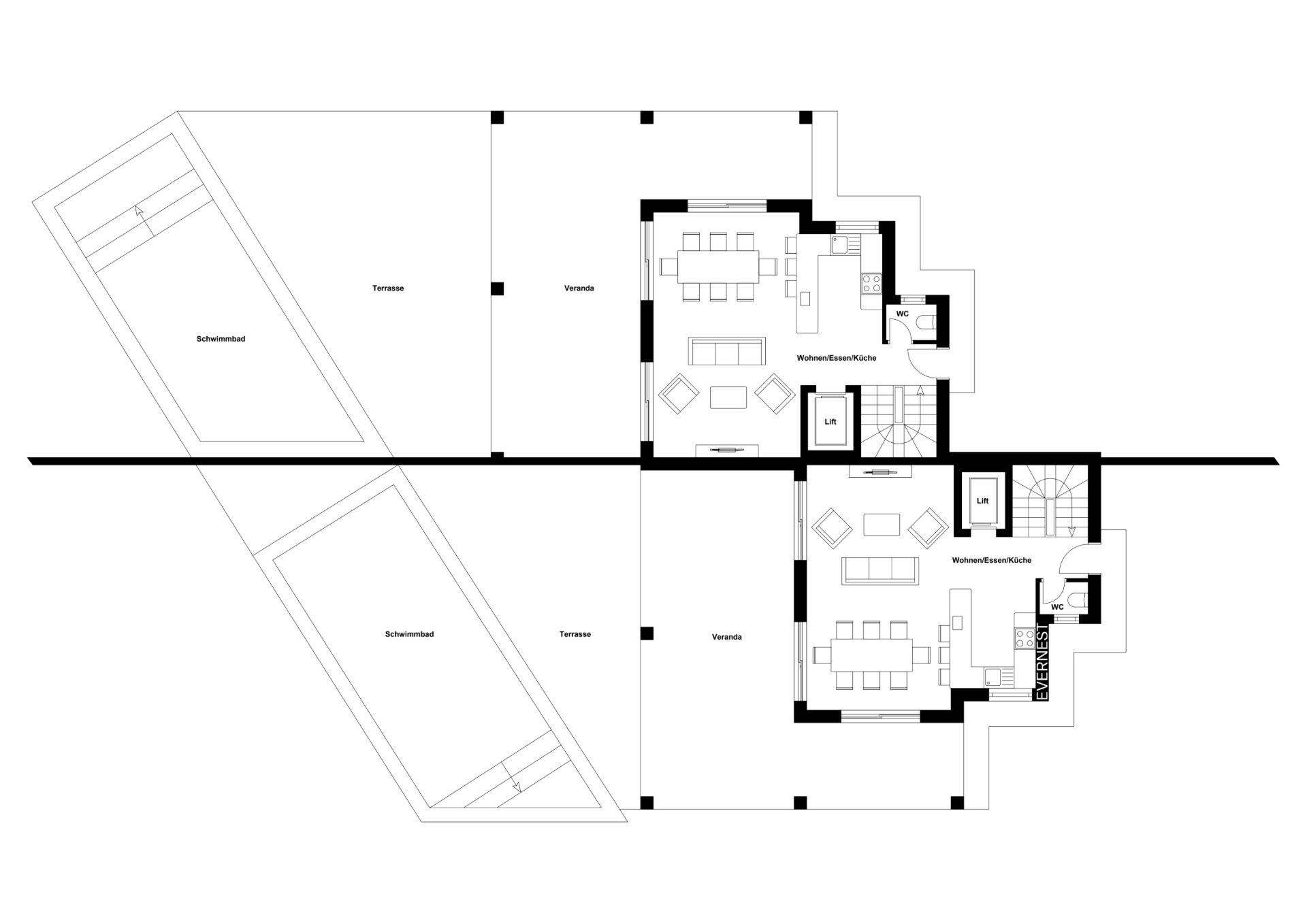 Grundriss eines Wohnhauses mit zwei Wohneinheiten, Terrassen und zwei Swimmingpools.