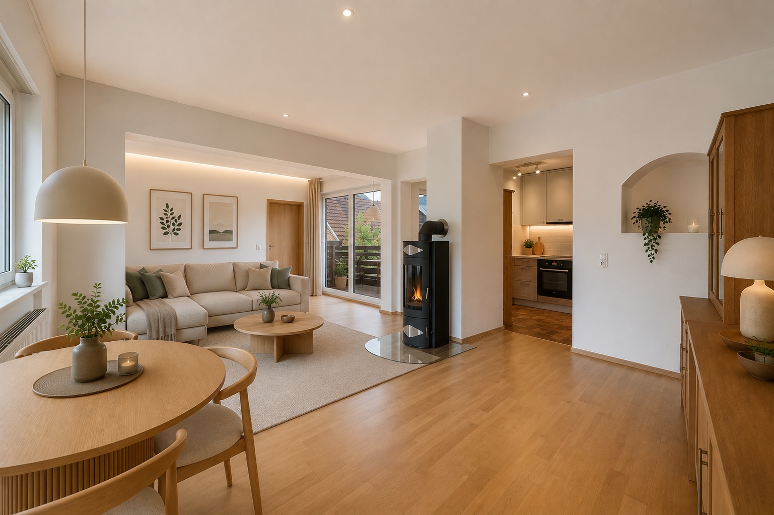 Helles Wohnzimmer mit Sofa, Esstisch, Kaminofen und offener Küche, Holzboden und Dekoration.