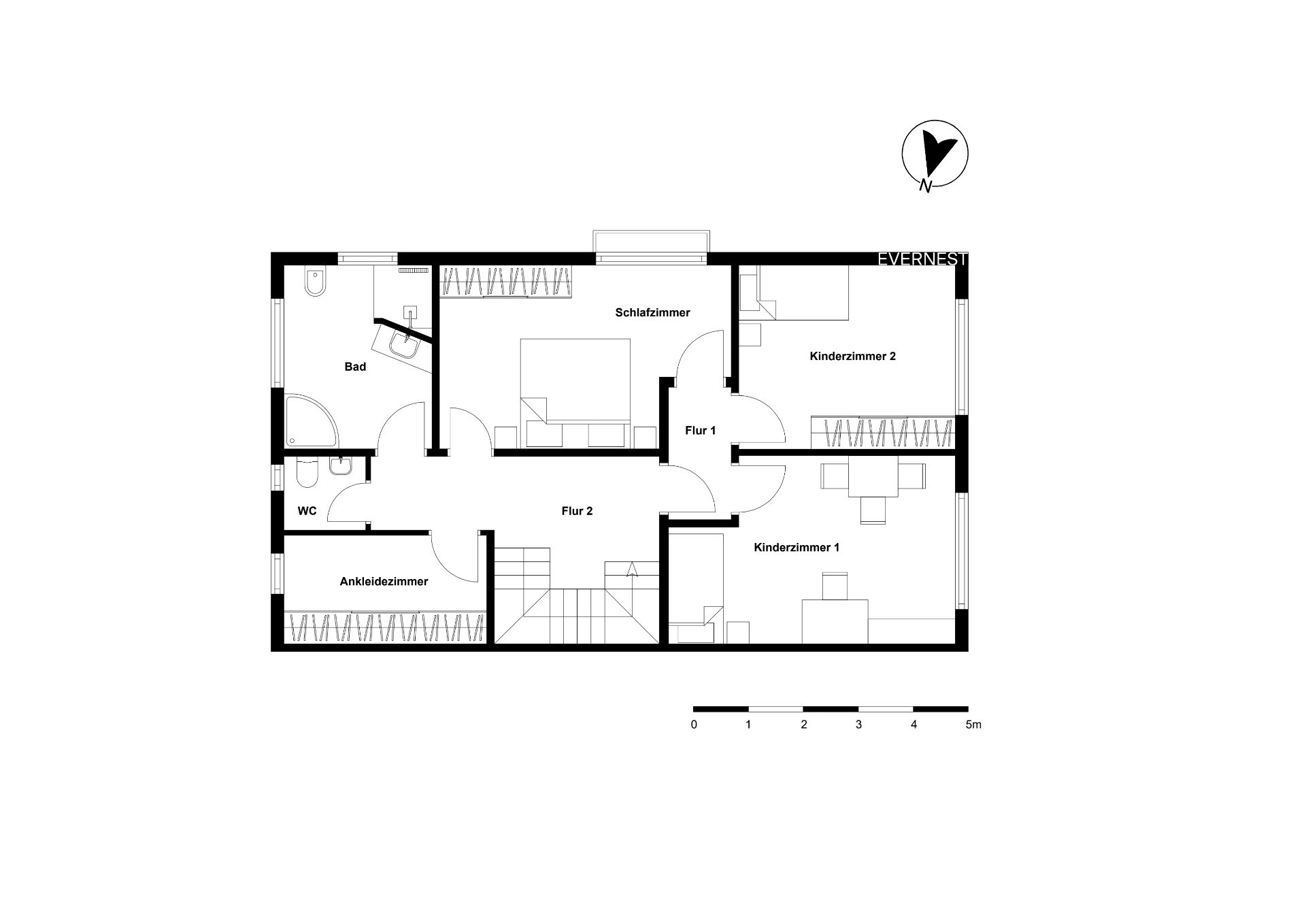 Grundriss eines Hauses mit Schlafzimmer, zwei Kinderzimmern, Bad, WC, Ankleidezimmer und Fluren.
