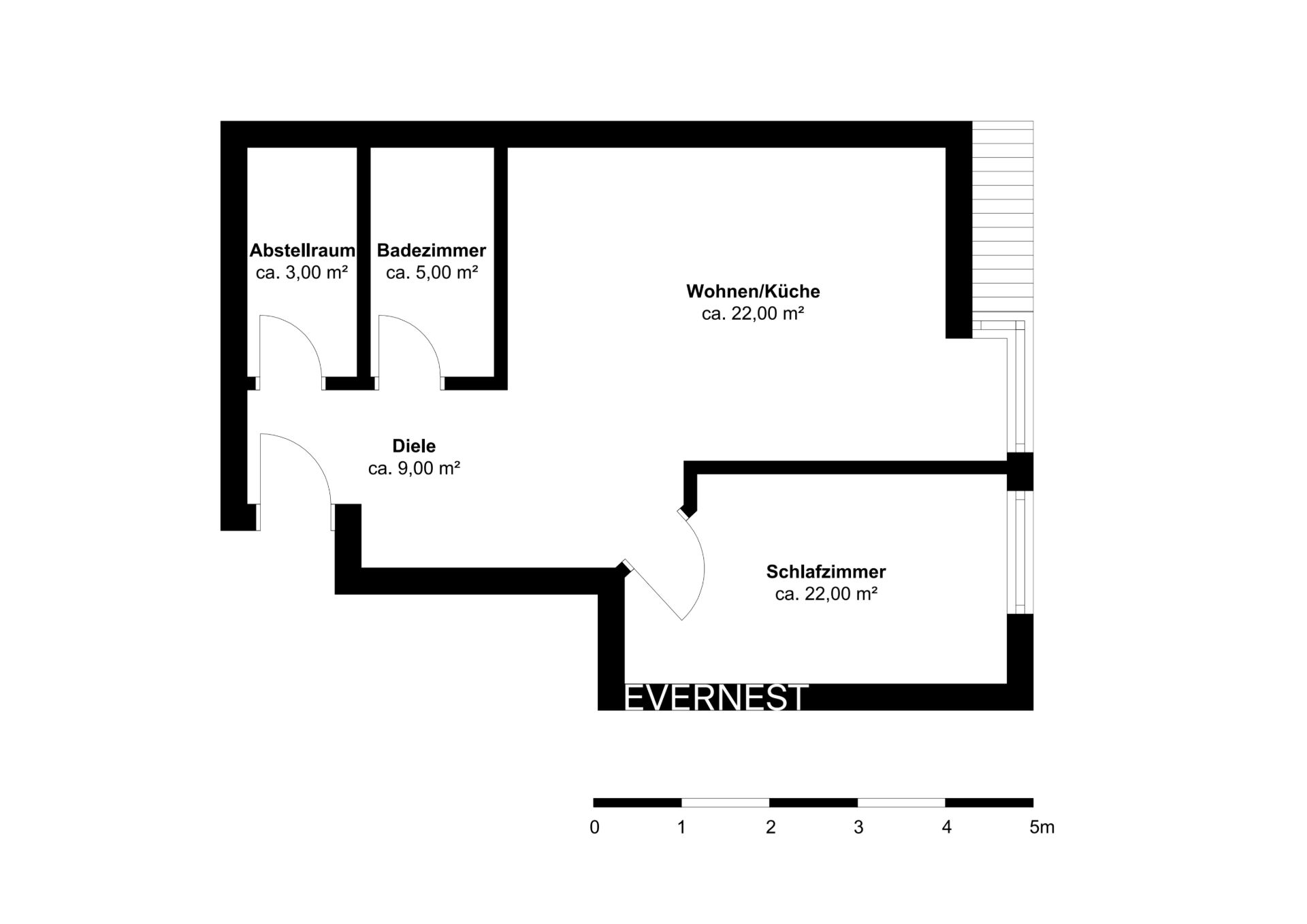 Grundriss mit Wohnzimmer/Küche, Schlafzimmer, Bad, Abstellraum und Diele, Flächenangaben enthalten.