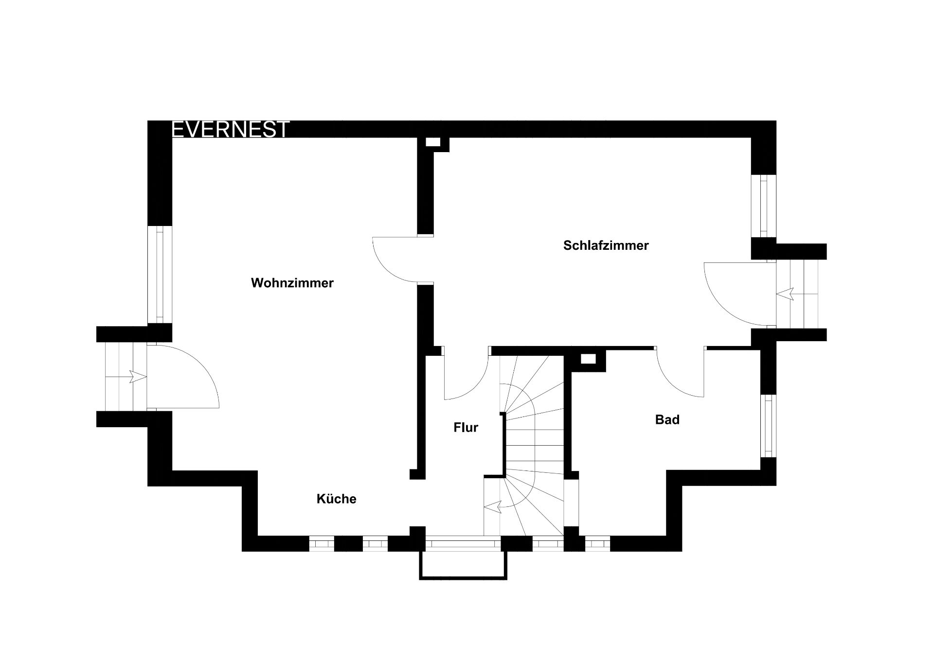 Grundriss mit Wohnzimmer, Schlafzimmer, Küche, Bad und Flur, alle Räume sind beschriftet.