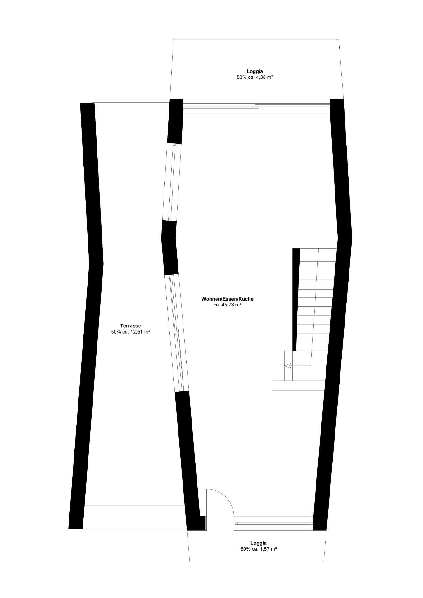 Grundriss mit Wohn-, Ess- und Küchenbereich, Terrasse, zwei Loggien und einer Treppe.