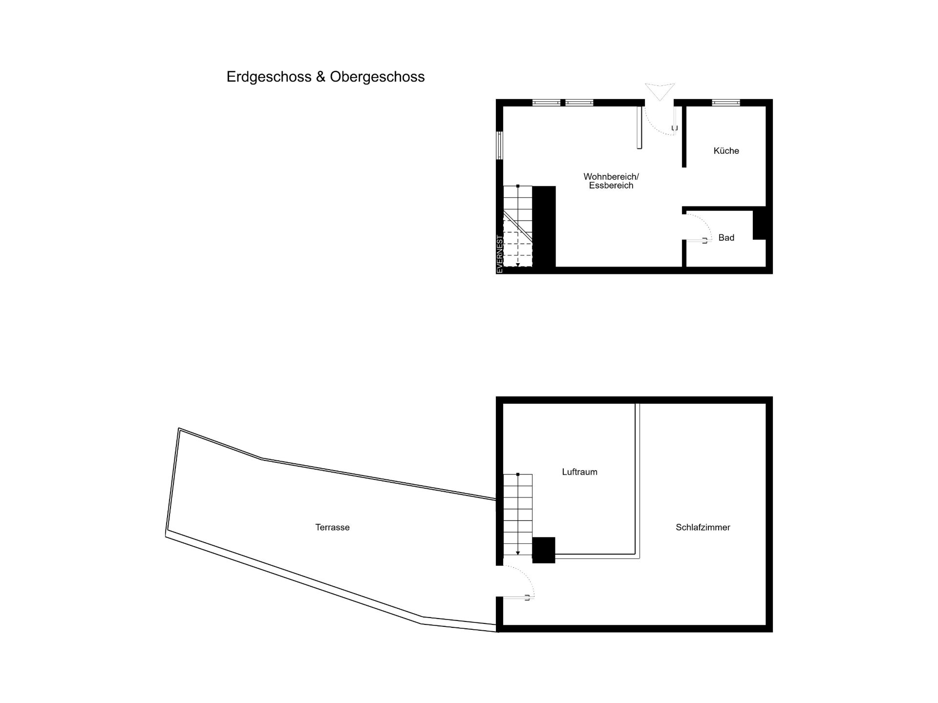 Grundriss mit Wohnbereich, Küche, Bad, Schlafzimmer, Luftraum und Terrasse.