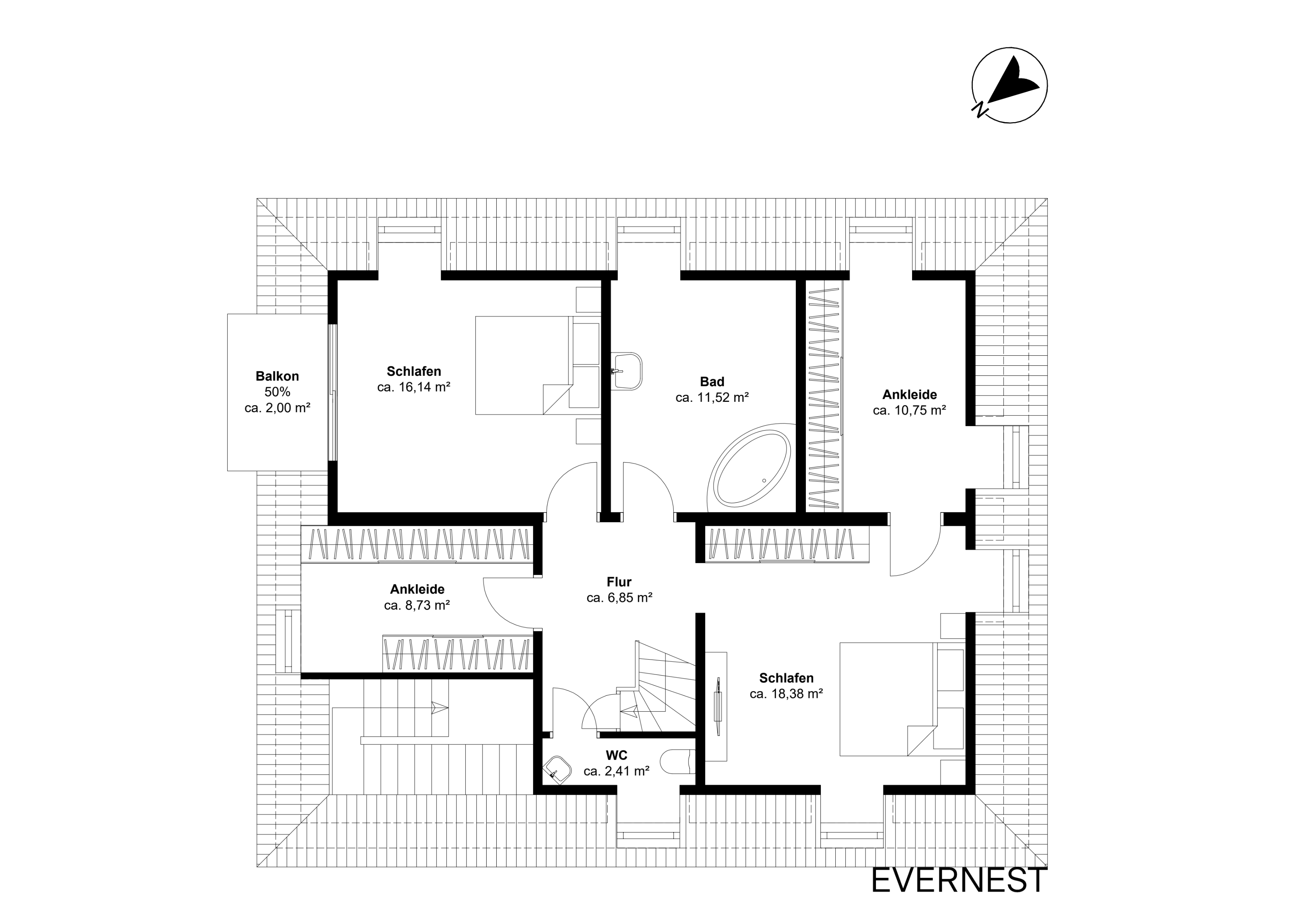 Grundriss mit zwei Schlafzimmern, zwei Ankleidezimmern, Bad, WC, Flur und Balkon.