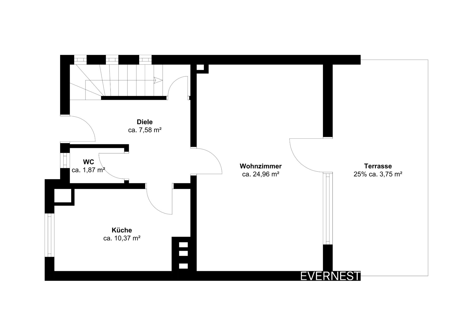 Grundriss mit Küche, WC, Diele, Wohnzimmer und Terrasse mit Flächenangaben.