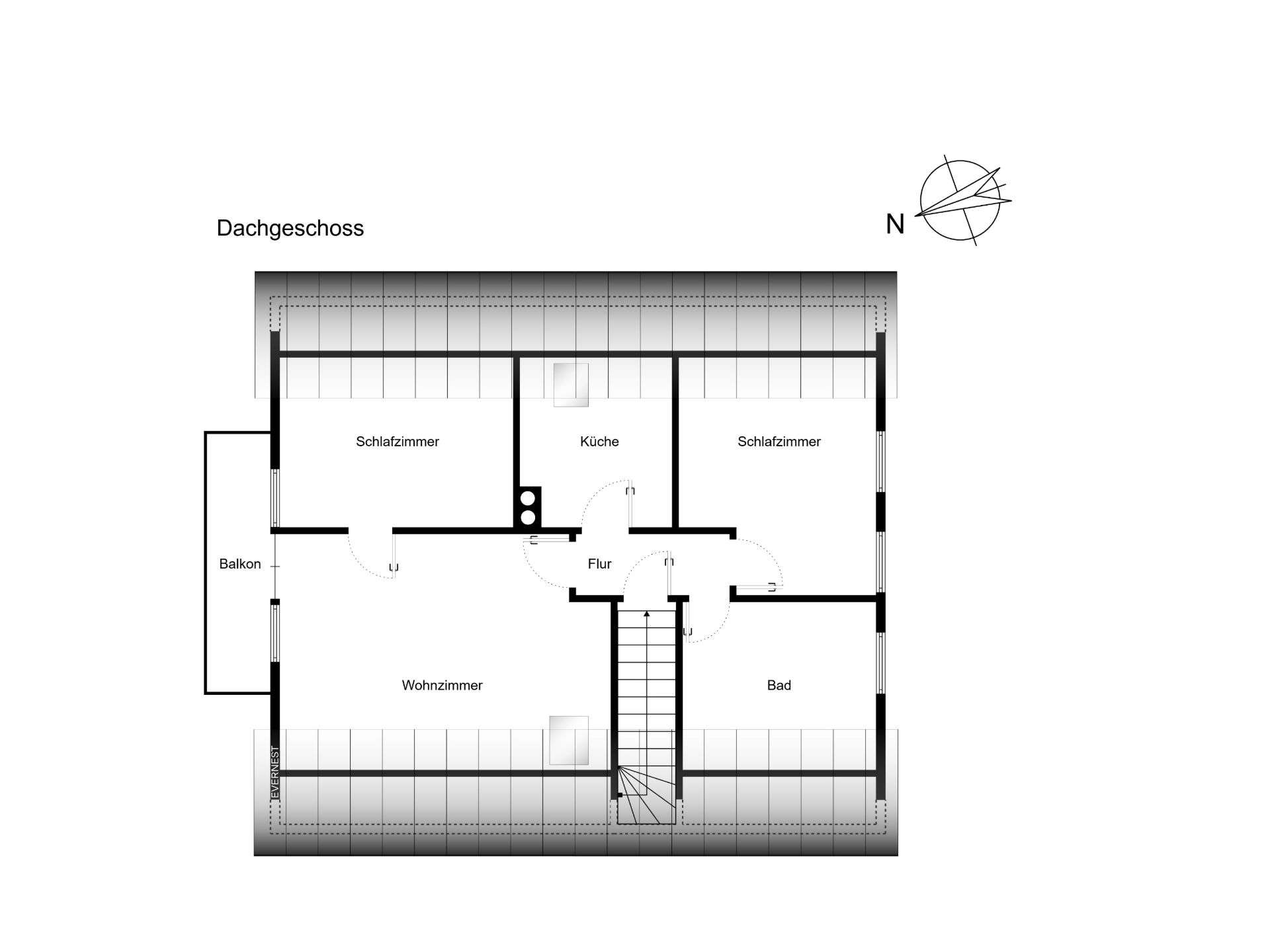 Grundriss eines Dachgeschosses mit Wohnzimmer, zwei Schlafzimmern, Küche, Bad, Flur und Balkon.