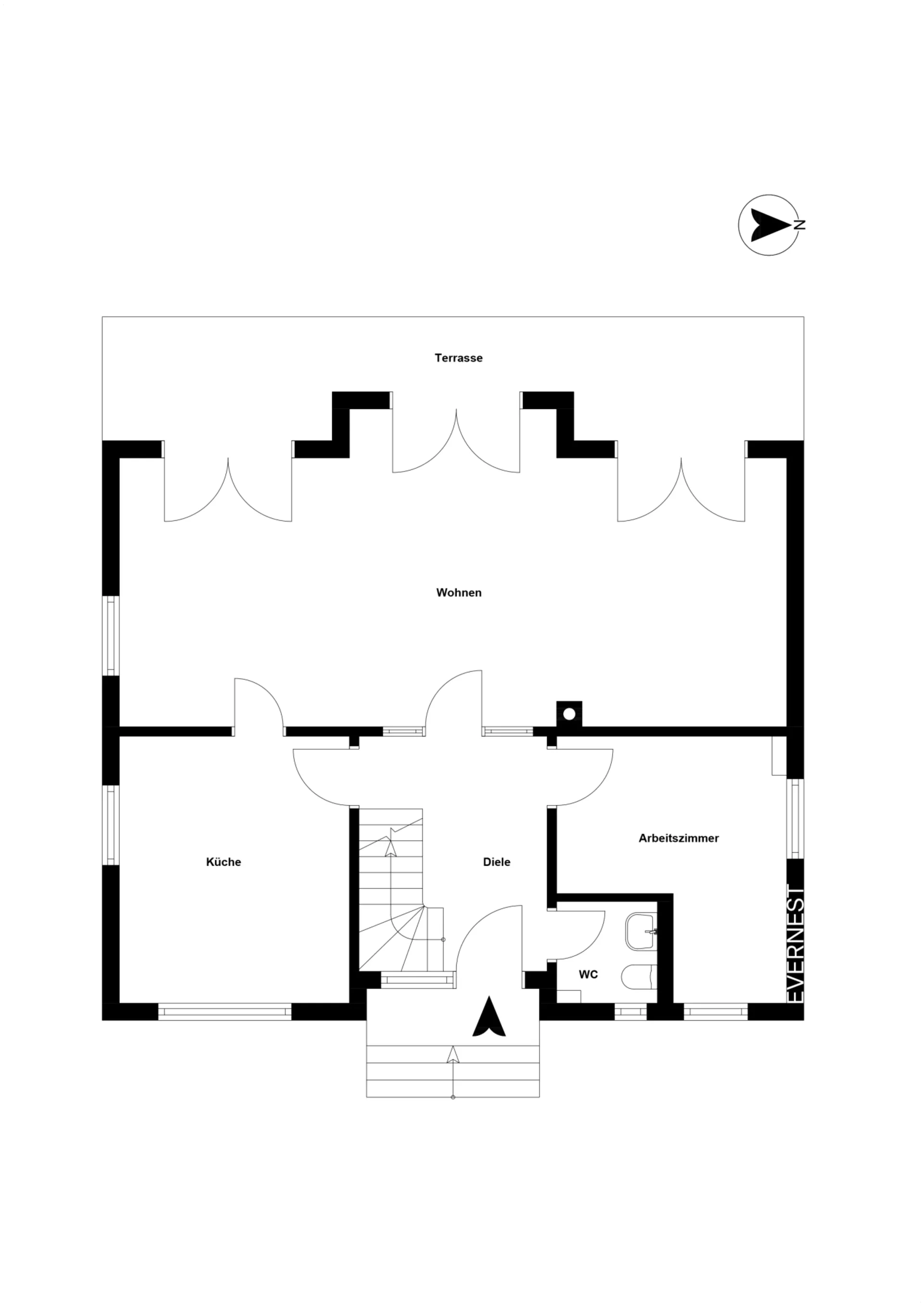 Grundriss des Erdgeschosses mit Wohnzimmer, Küche, Arbeitszimmer, WC und Terrasse.