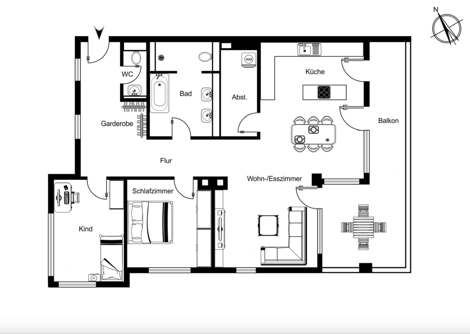 Grundriss einer Wohnung mit Wohnzimmer, Küche, Balkon, Bad, WC, Schlafzimmer und Kinderzimmer.