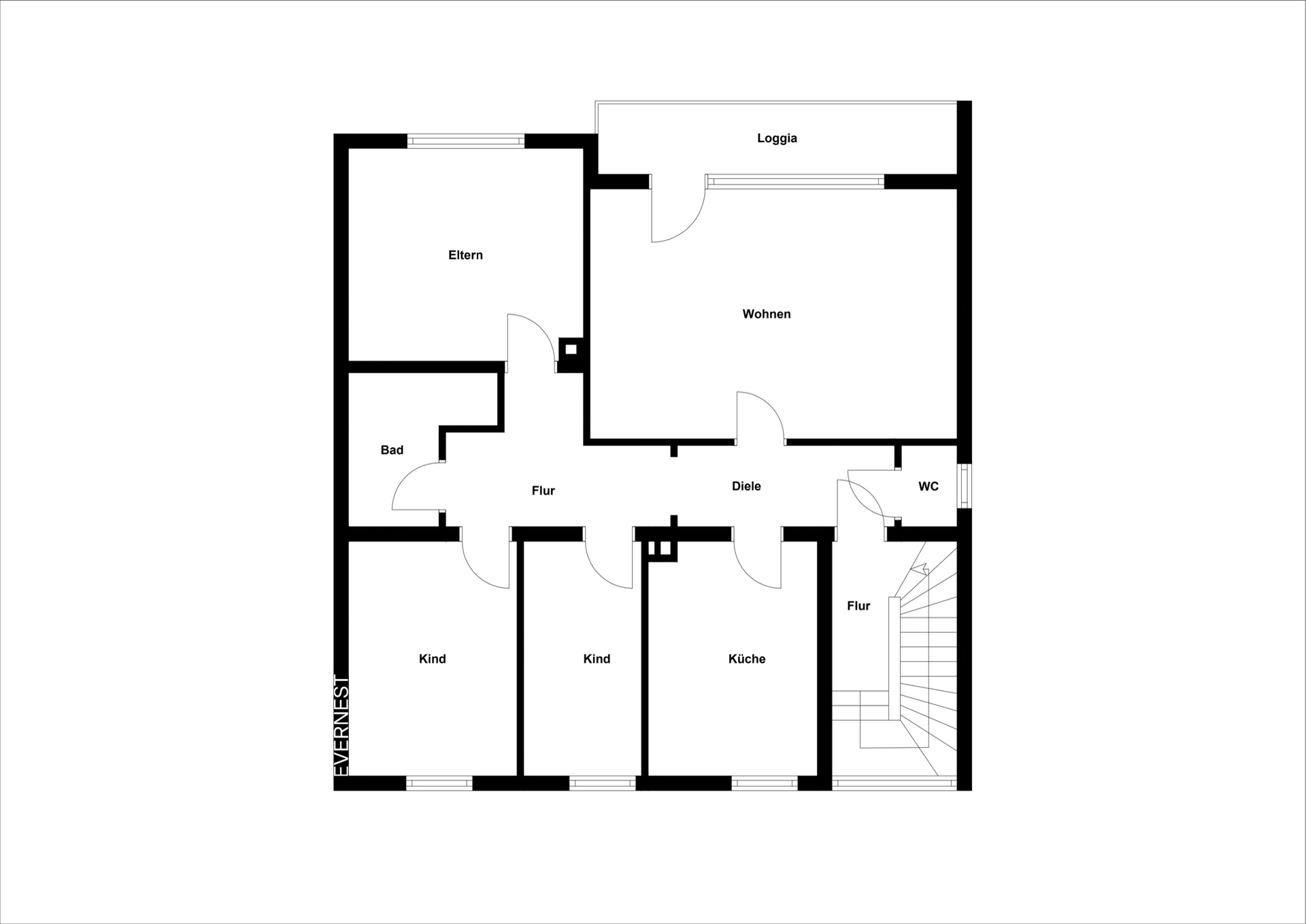 Grundriss einer Wohnung mit Zimmern für Eltern, Kinder, Bad, Küche, Wohnzimmer und Loggia.