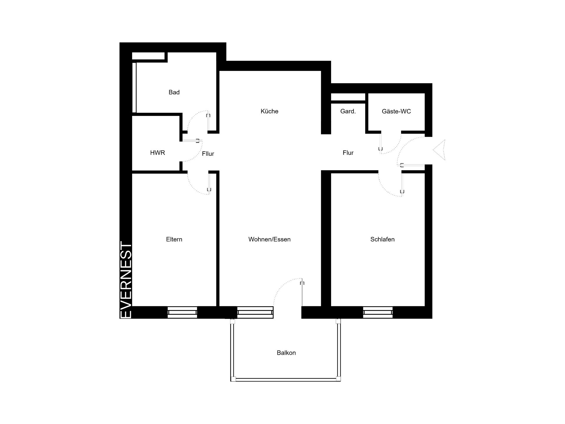 Grundriss einer Wohnung mit Schlafzimmer, Bad, Küche, Wohnbereich, Balkon und Flur.