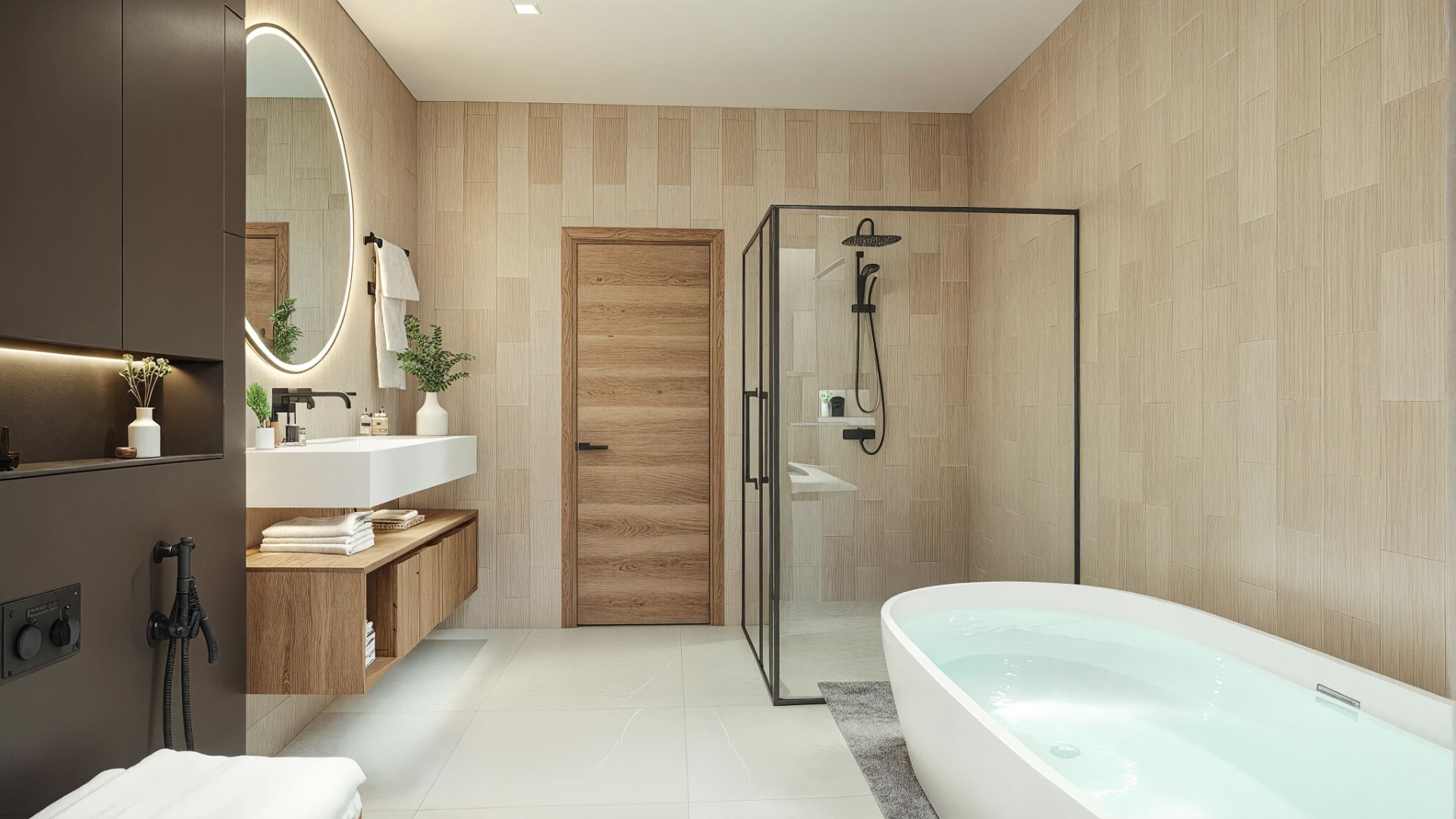Modernes Badezimmer mit freistehender Badewanne, Glasdusche und großem Spiegel über dem Waschbecken.