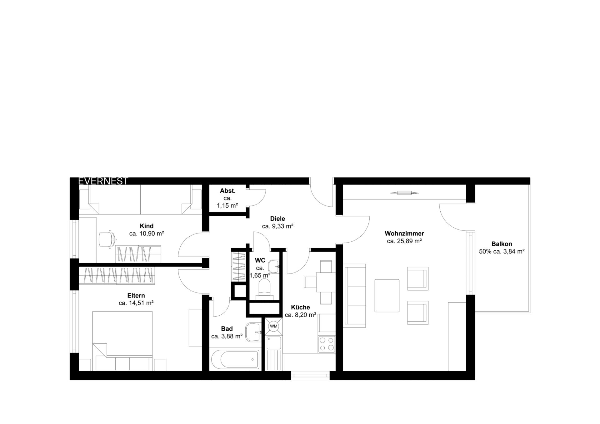 Grundriss einer Wohnung mit Wohnzimmer, Küche, Bad, WC, Schlafzimmer, Kinderzimmer und Balkon.