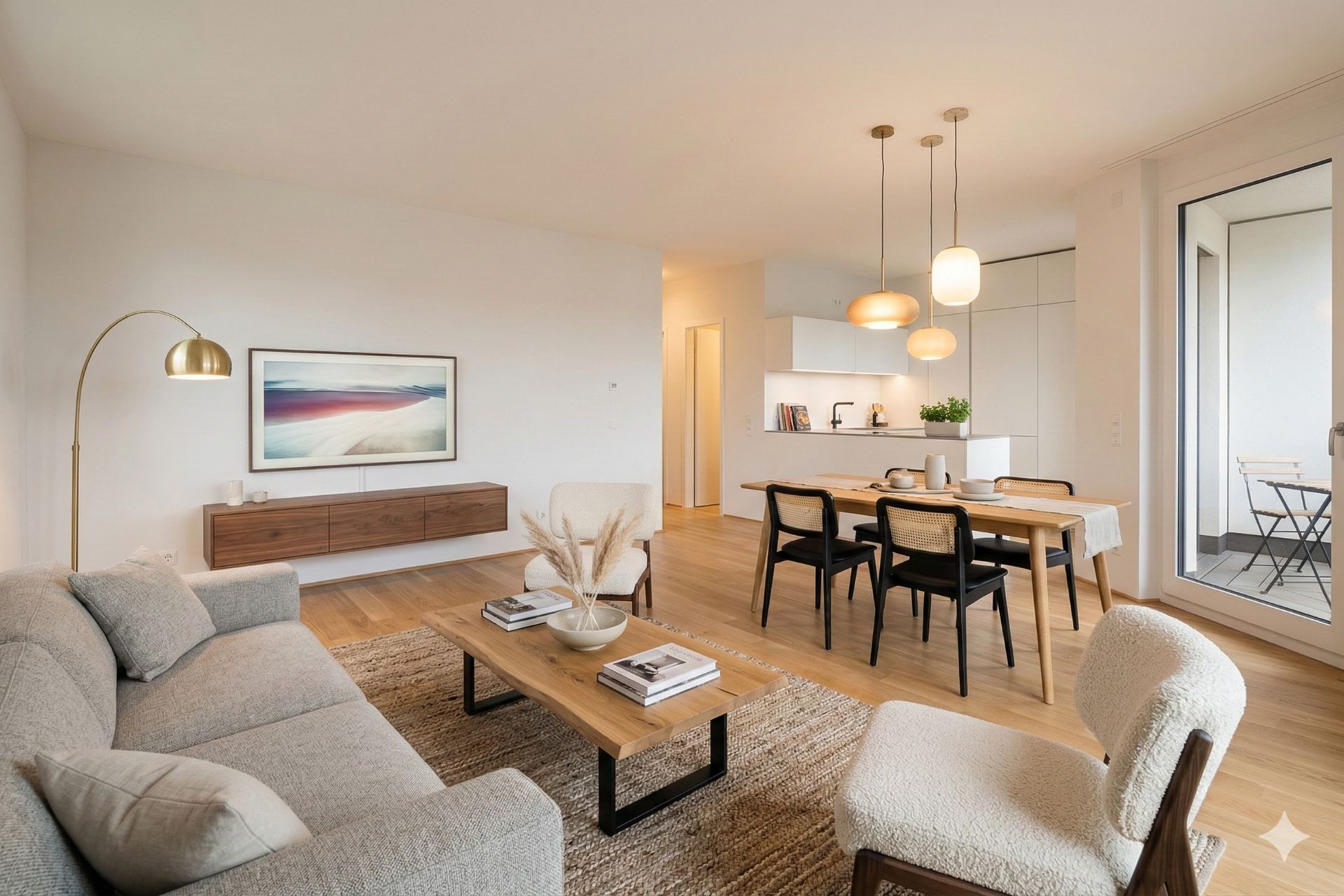 Helles Wohnzimmer mit Sofa, Sessel, Esstisch, Holzboden und großem Fenster zur Terrasse.