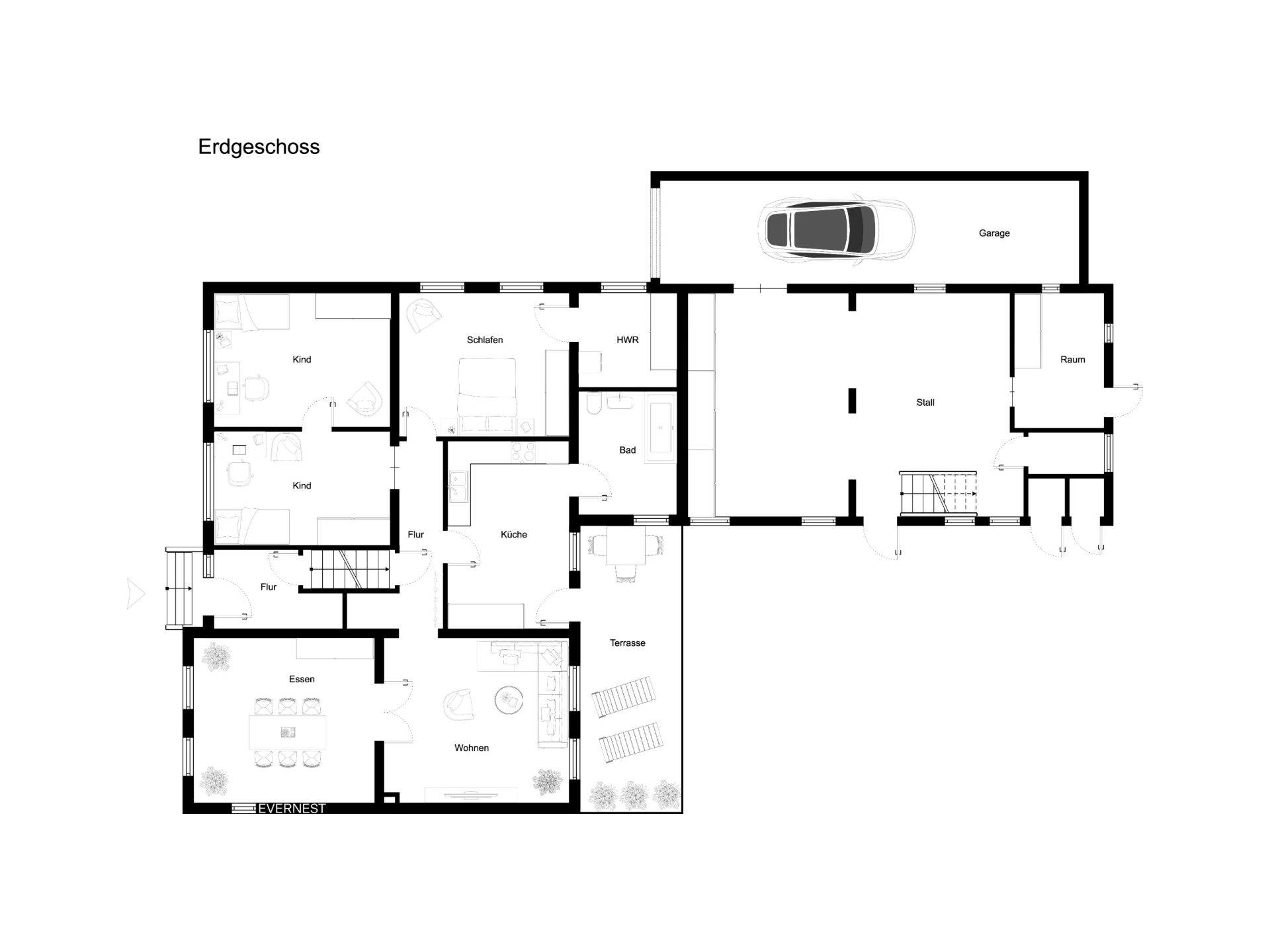 Grundriss des Erdgeschosses mit Garage, Wohnräumen, Esszimmer, Küche, Bad und Terrasse.