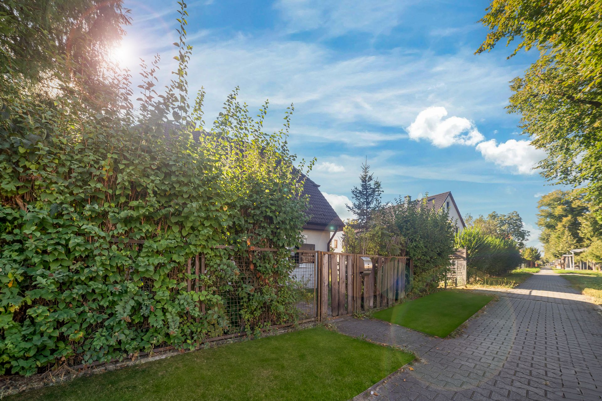 Garten mit Zaun und viel Grün an einer ruhigen Wohnstraße bei Sonnenschein.